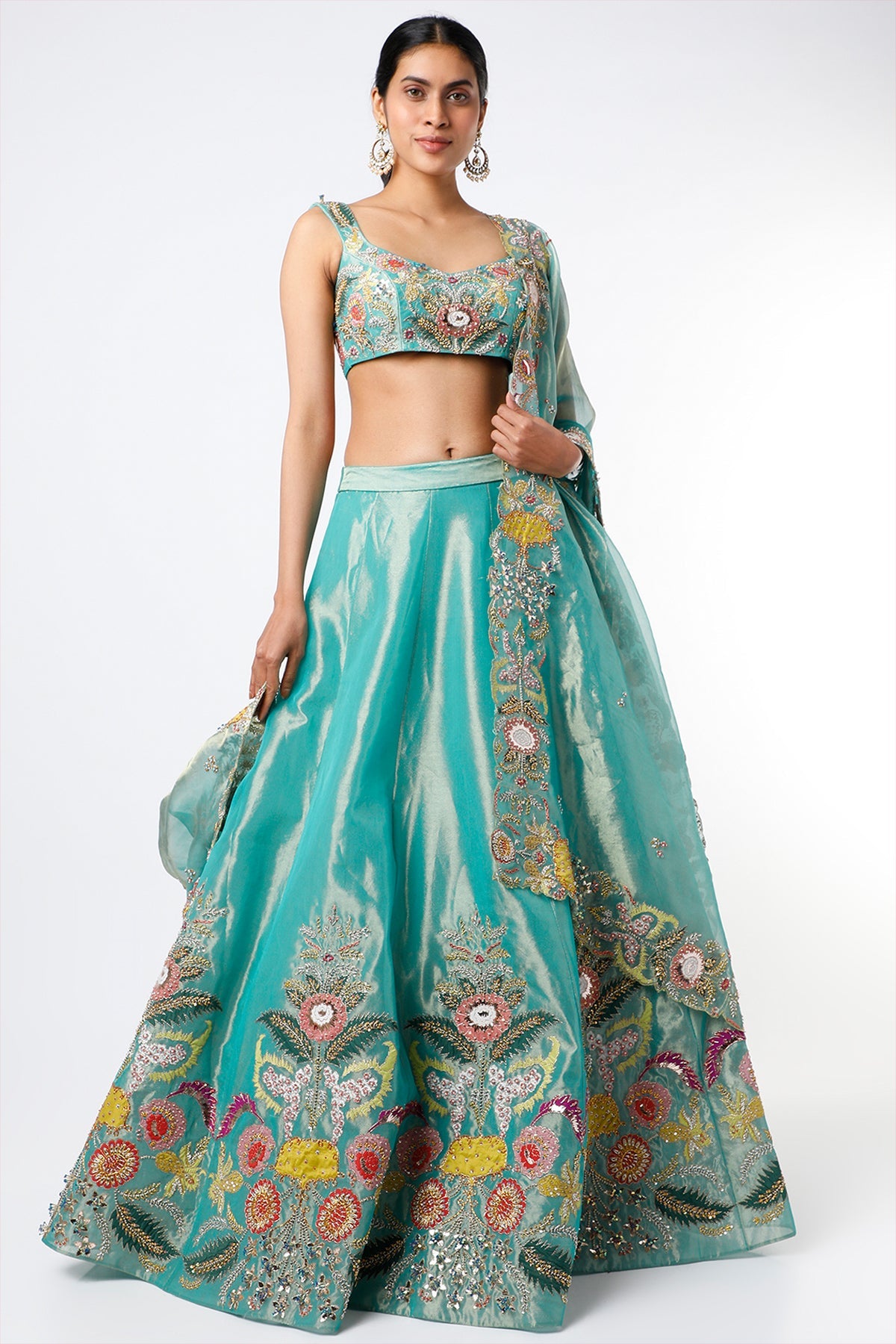 YUVIKA - Turquoise Juna Tissue Appliquéd And Embellished Lehenga With Blouse And Cutwork Tissue Dupatta