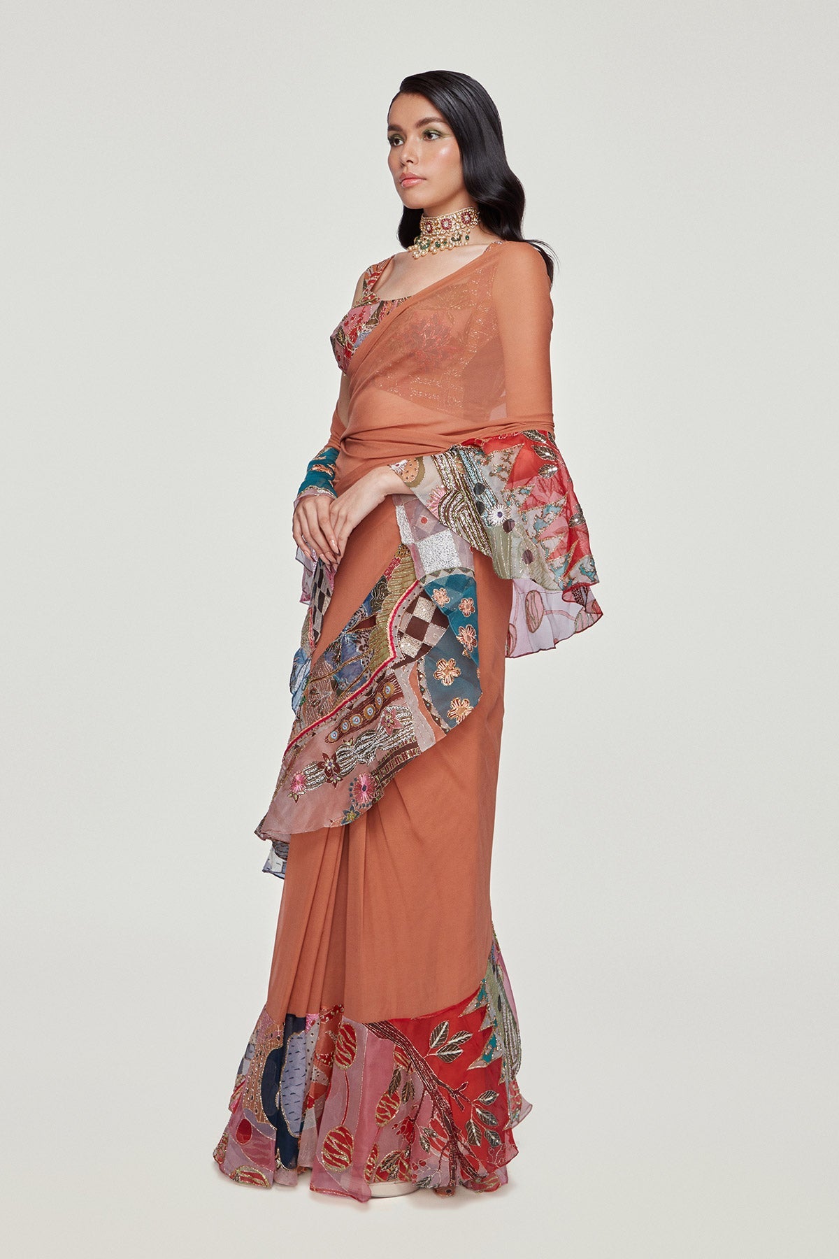 AMBERINA - Orange Divergence Organza Printed And Embellished Ruffle Saree and Blouse.