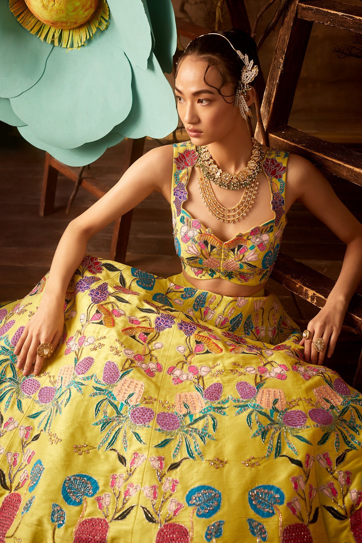 TULIP - Lime Pastiche Raw Silk Appliquéd And Embellished Lehenga With Blouse And Cutwork Dupatta