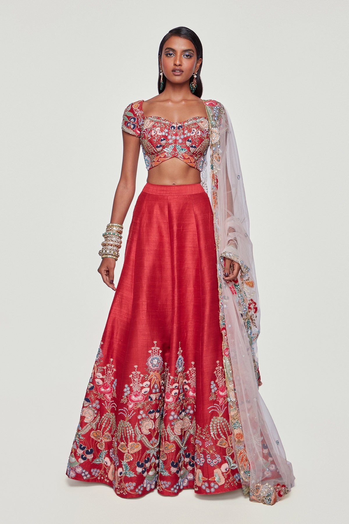 AMORETTE - Maroon Paper Dolls Raw Silk Appliquéd And Embellished Lehenga With Blouse And Cutwork Dupatta