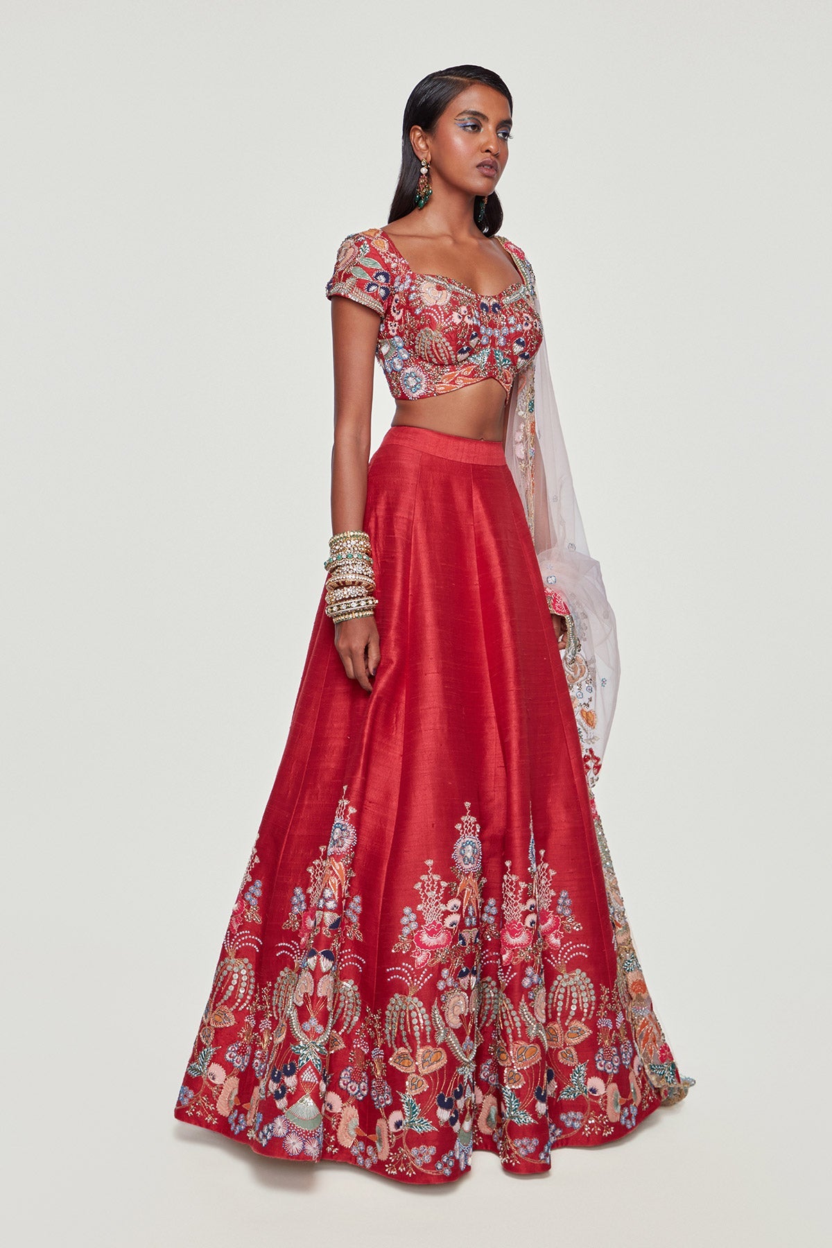 AMORETTE - Maroon Paper Dolls Raw Silk Appliquéd And Embellished Lehenga With Blouse And Cutwork Dupatta