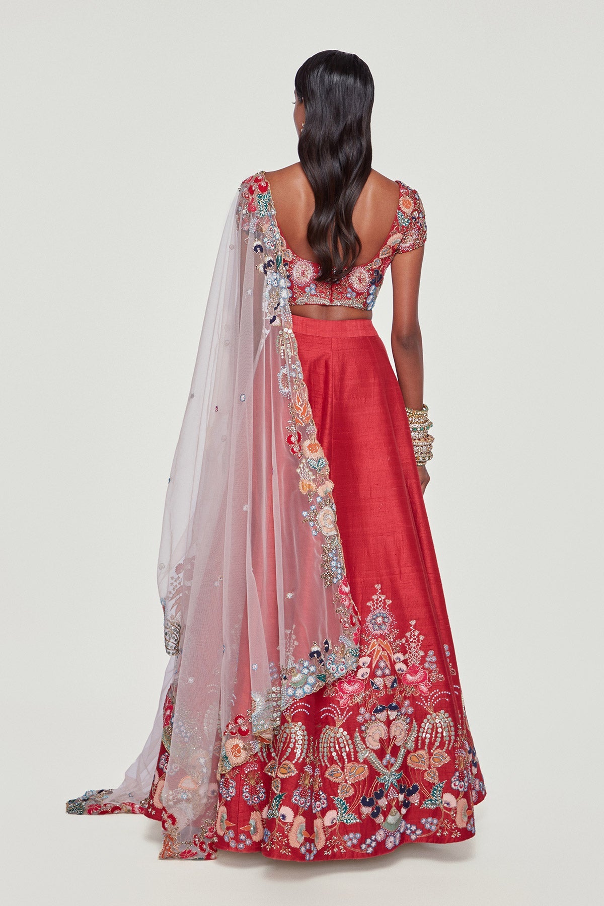 AMORETTE - Maroon Paper Dolls Raw Silk Appliquéd And Embellished Lehenga With Blouse And Cutwork Dupatta