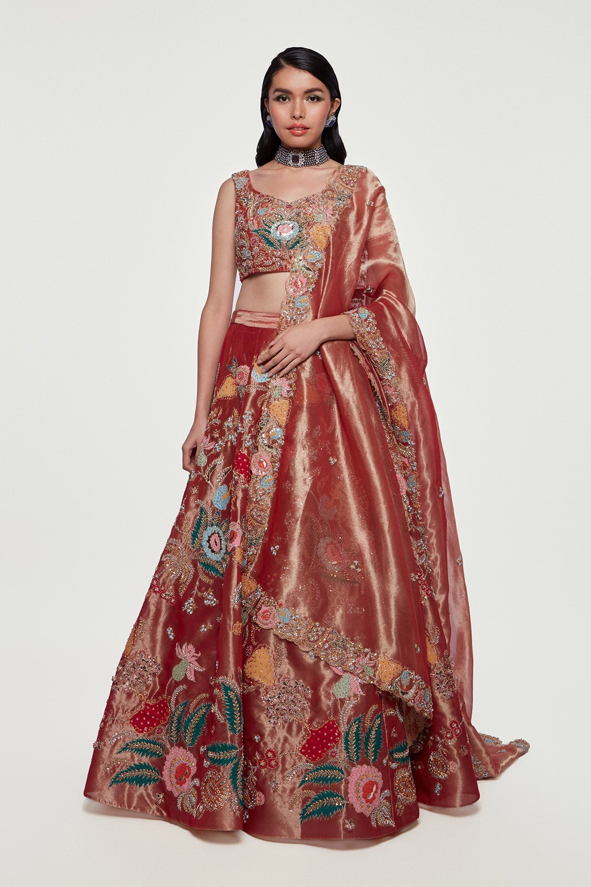 TRISHA - Maroon Juna Tissue Appliquéd and Embellished Lehenga With Blouse And Cutwork Tissue Dupatta
