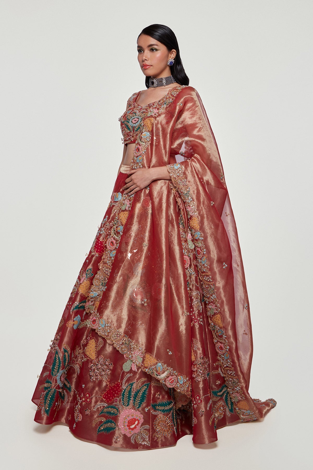 TRISHA - Maroon Juna Tissue Appliquéd and Embellished Lehenga With Blouse And Cutwork Tissue Dupatta