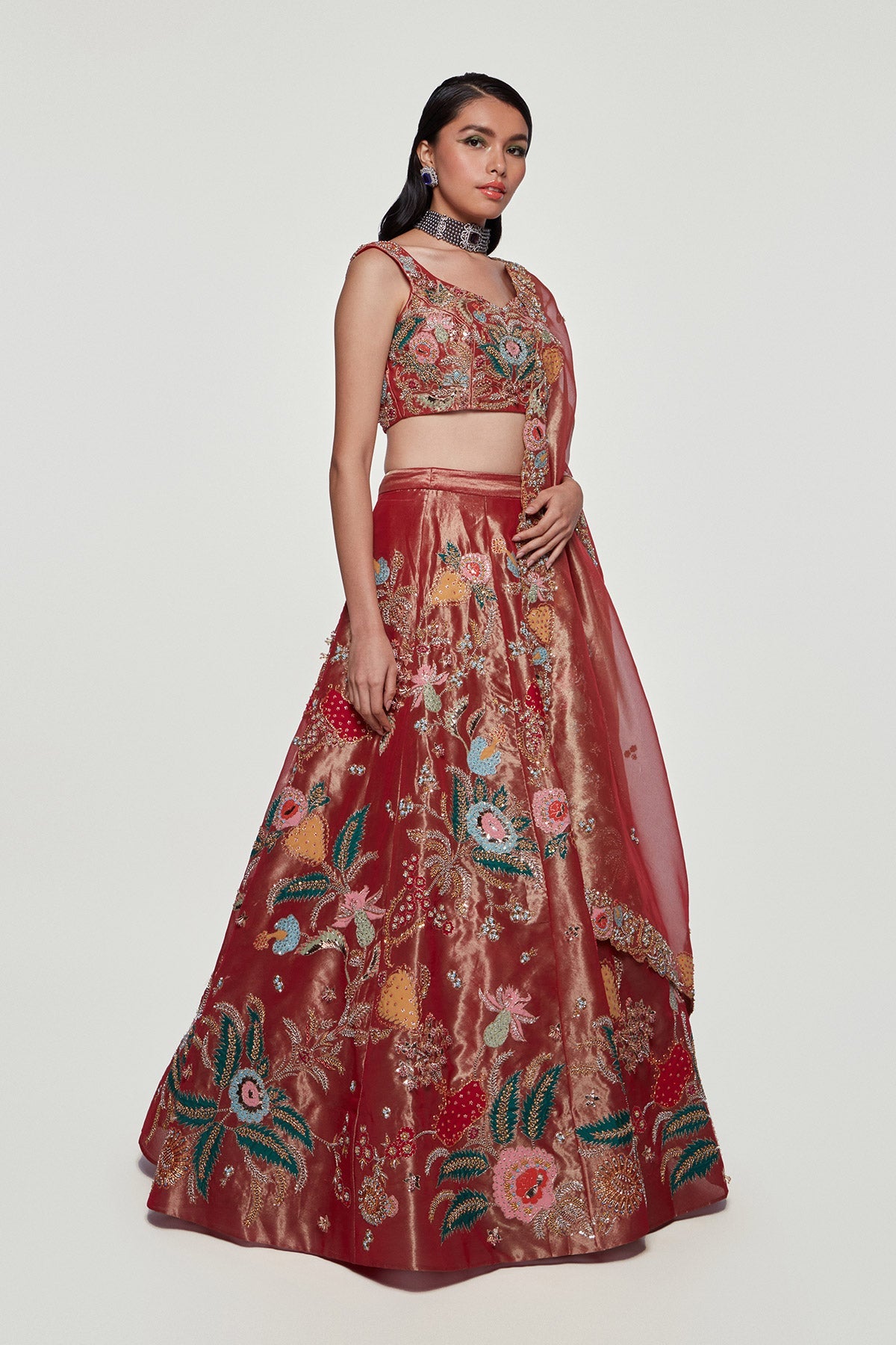 TRISHA - Maroon Juna Tissue Appliquéd and Embellished Lehenga With Blouse And Cutwork Tissue Dupatta