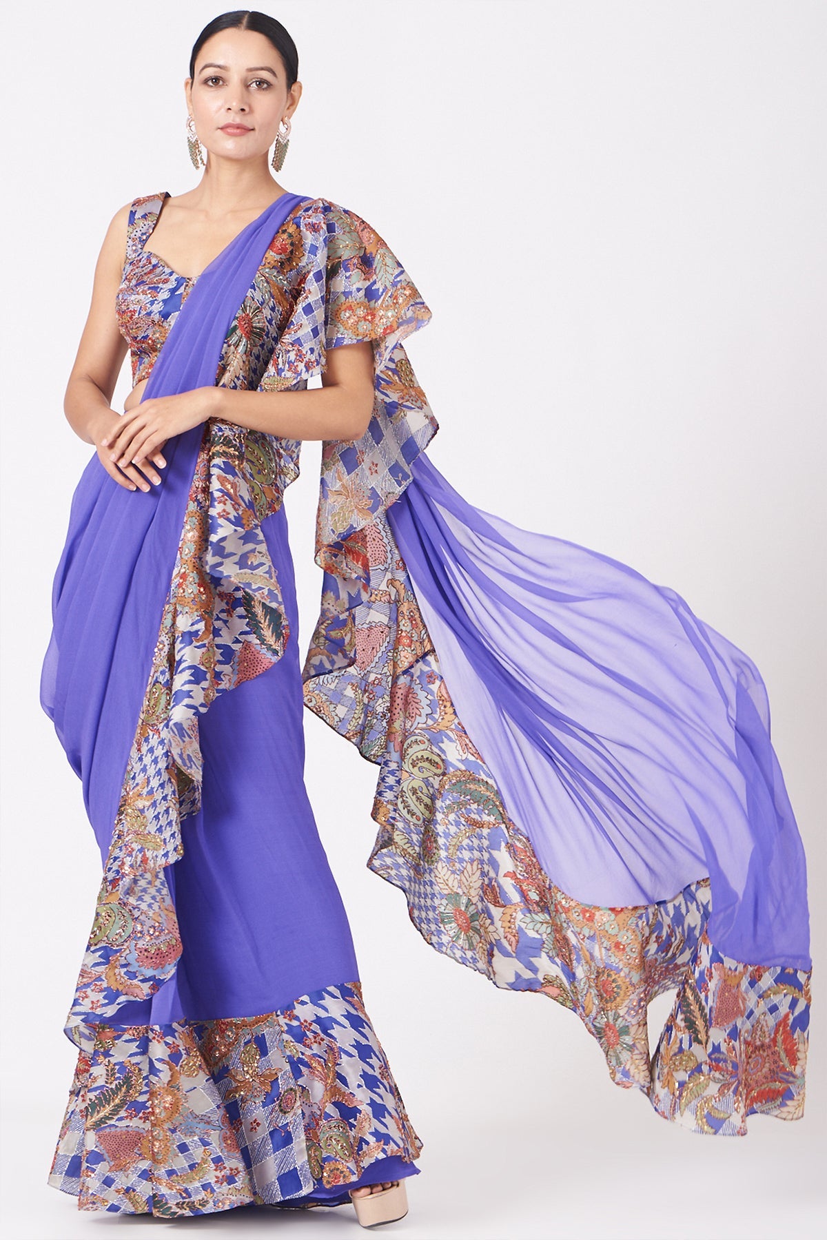 NUTAN - Dodger Blue Juna Satin Organza Printed And Embellished Ruffle Saree And Blouse.