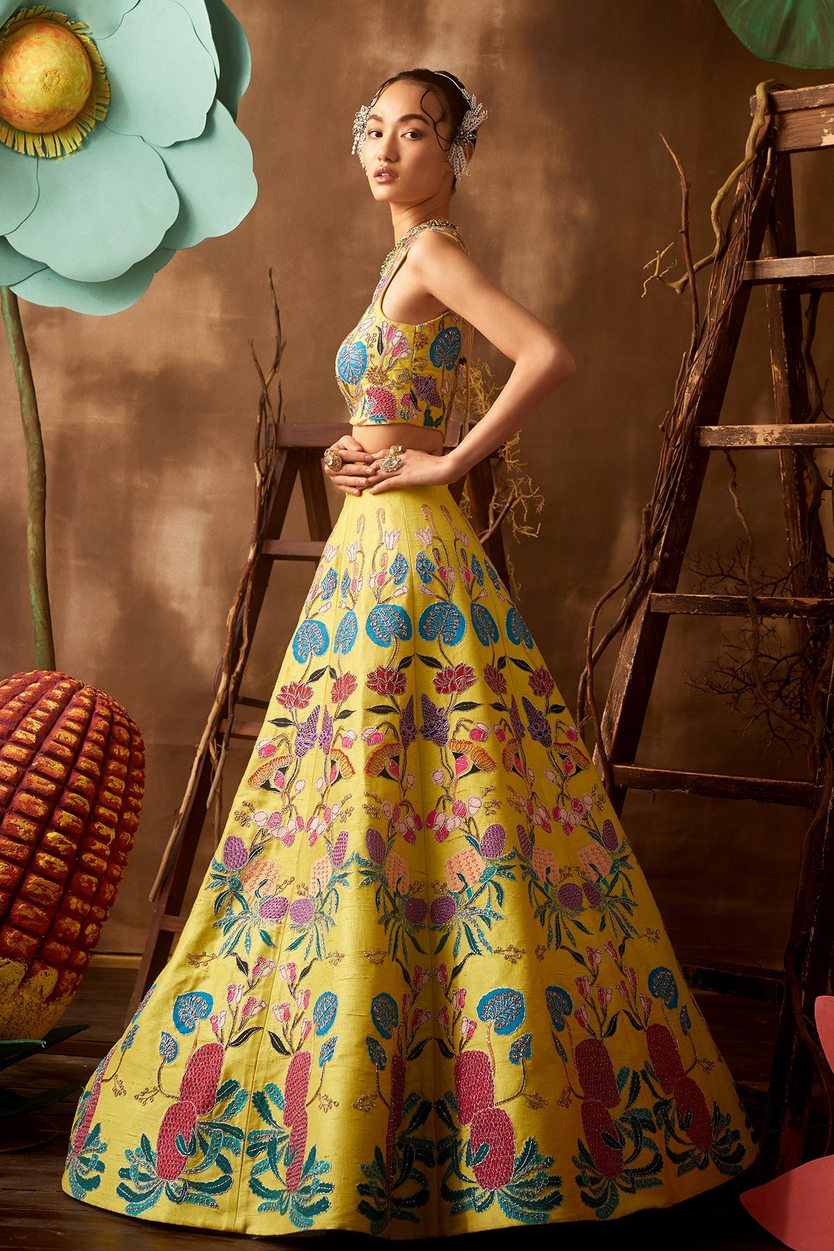 TULIP - Lime Pastiche Raw Silk Appliquéd And Embellished Lehenga With Blouse And Cutwork Dupatta