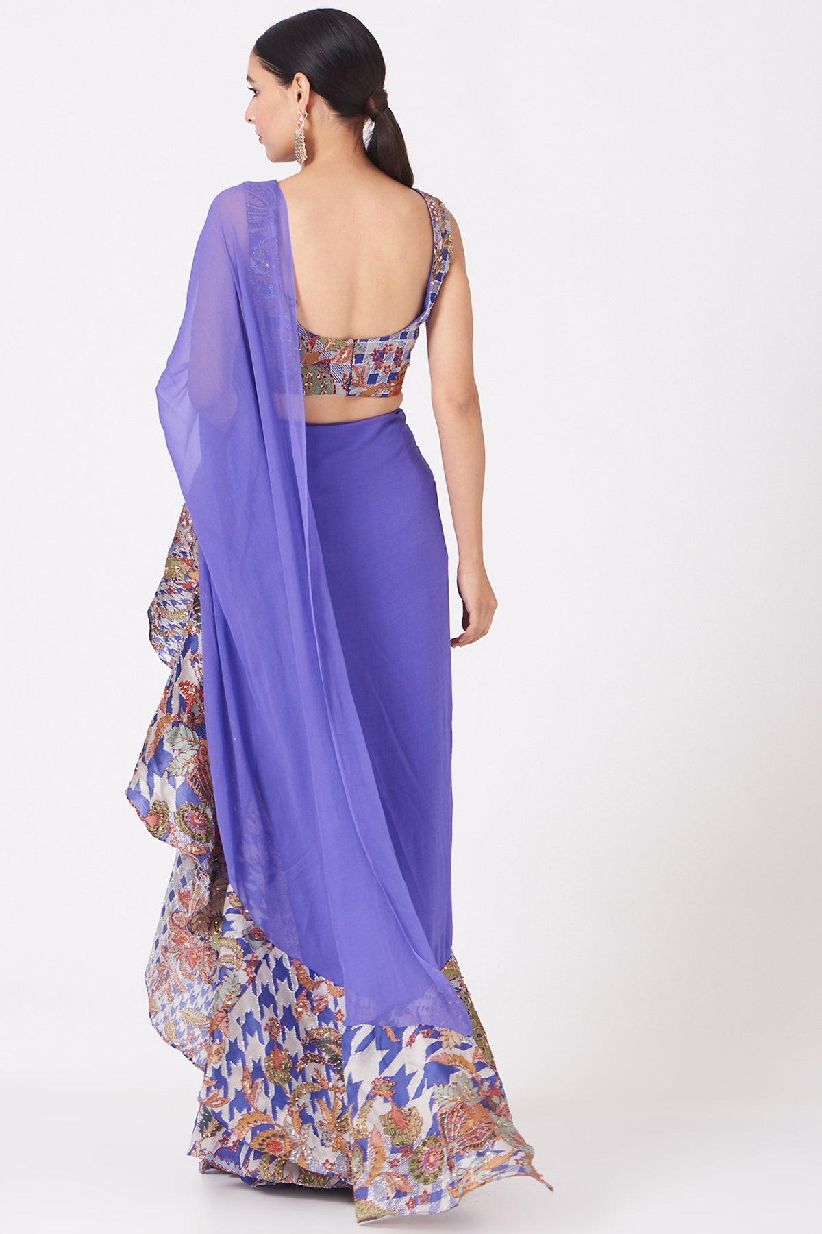 NUTAN - Dodger Blue Juna Satin Organza Printed And Embellished Ruffle Saree And Blouse.