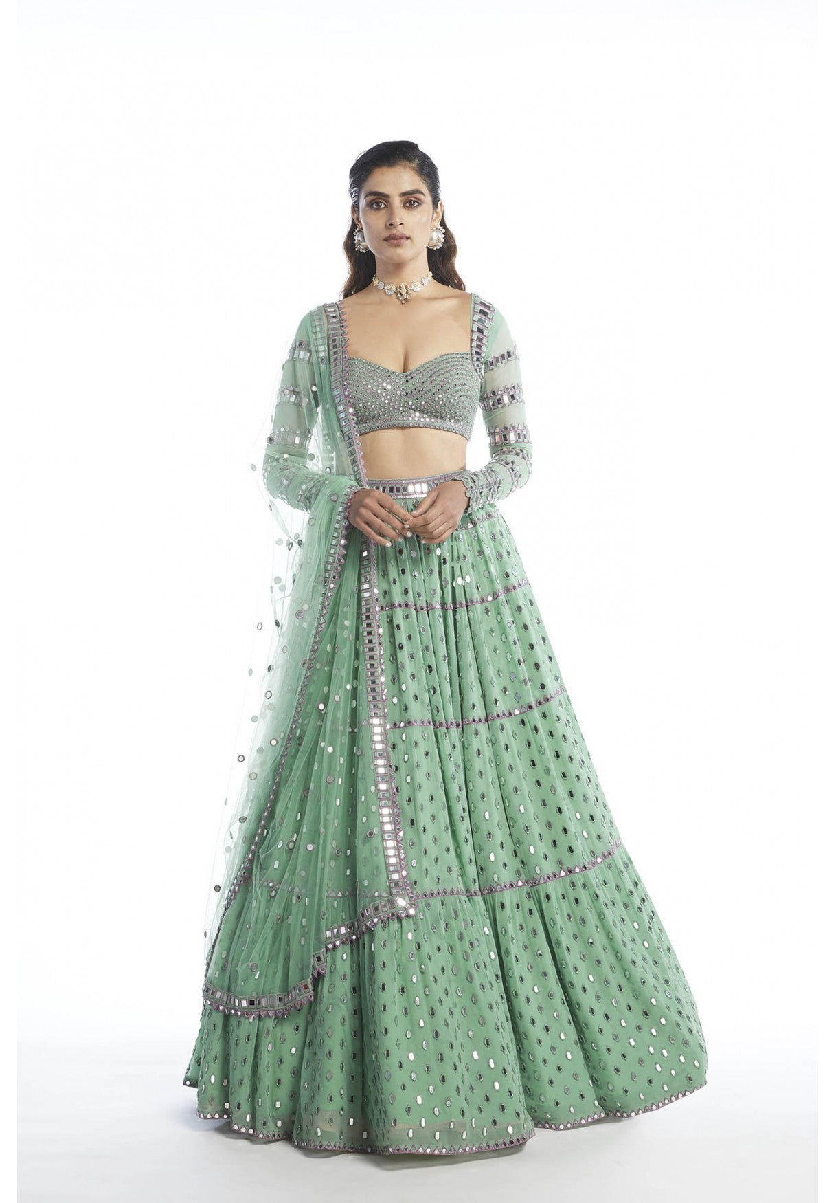 Dull Mint Tier Lehenga Set