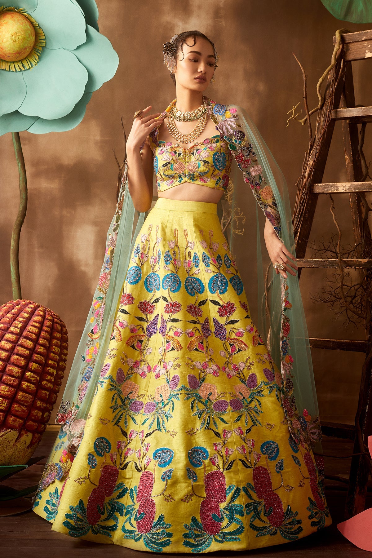 TULIP - Lime Pastiche Raw Silk Appliquéd And Embellished Lehenga With Blouse And Cutwork Dupatta