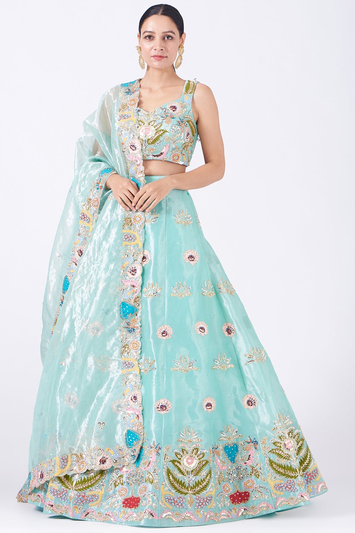 ADHIRA - Light Blue Juna Tissue Appliquéd And Embellished Lehenga With Blouse And Cutwork Tissue Dupatta