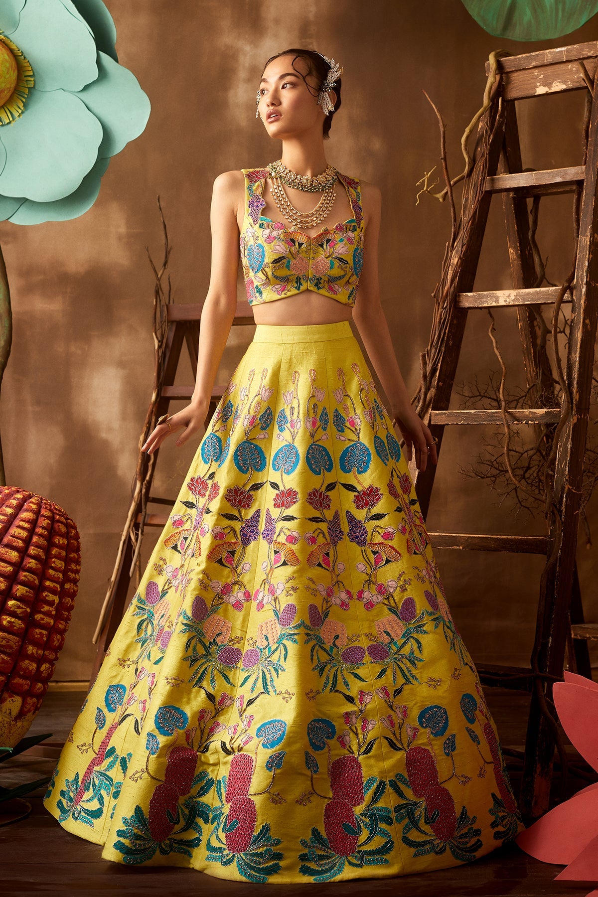 TULIP - Lime Pastiche Raw Silk Appliquéd And Embellished Lehenga With Blouse And Cutwork Dupatta