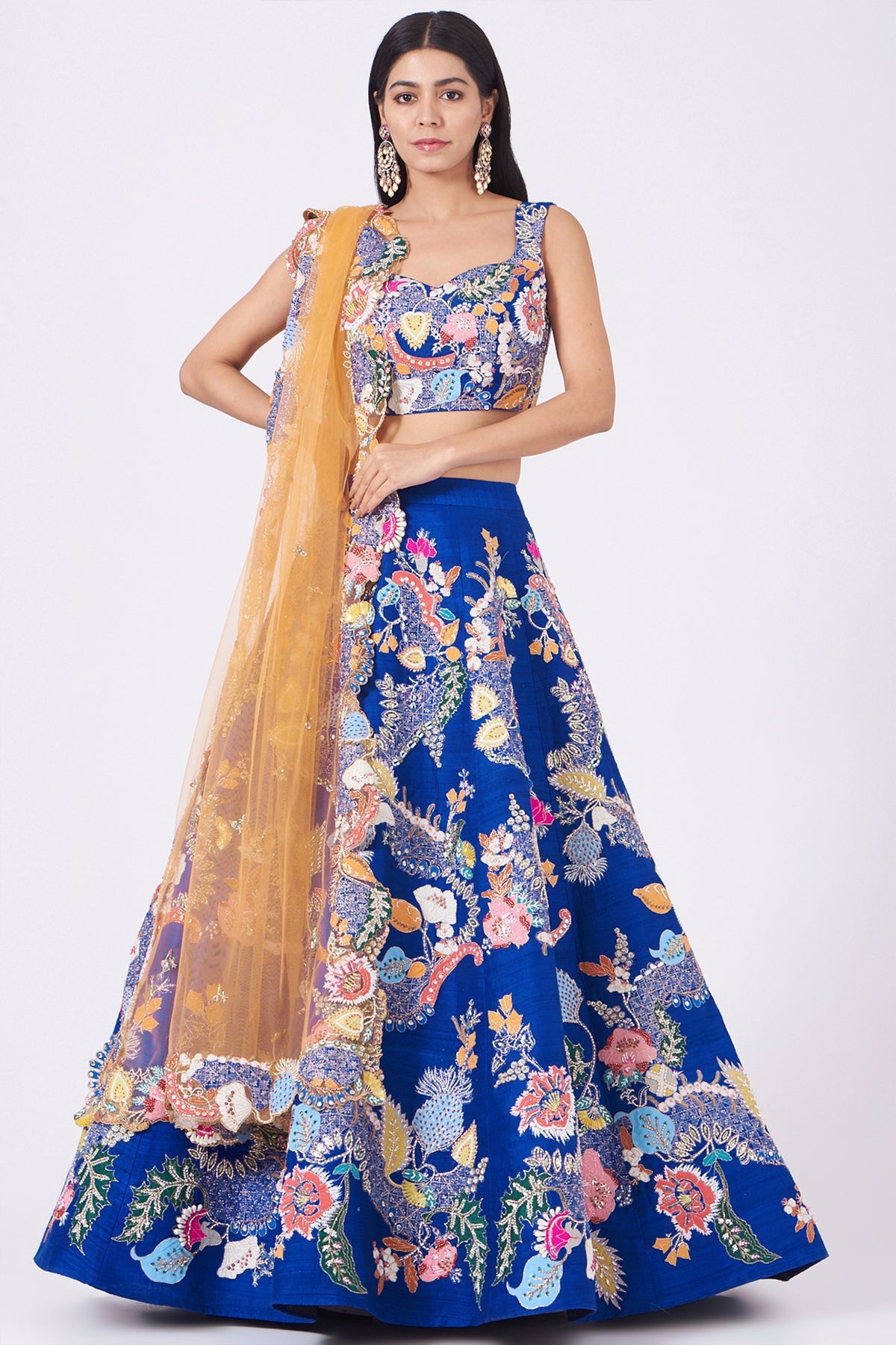 NAYRA - Electric Blue Juna Raw Silk Appliquéd And Embellished Lehenga With Blouse And Cutwork Tulle Dupatta