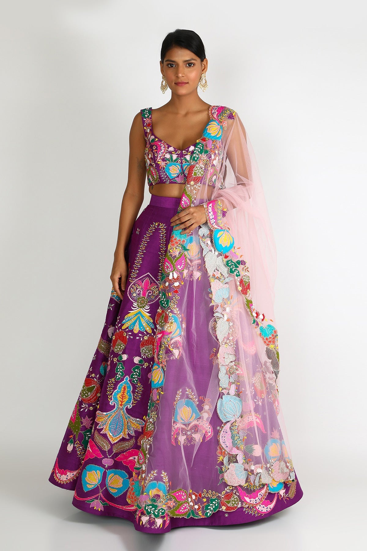 ROSHINI - Violet Nadenka Raw Silk Appliquéd And Embellished Lehenga With Blouse And Cutwork Dupatta