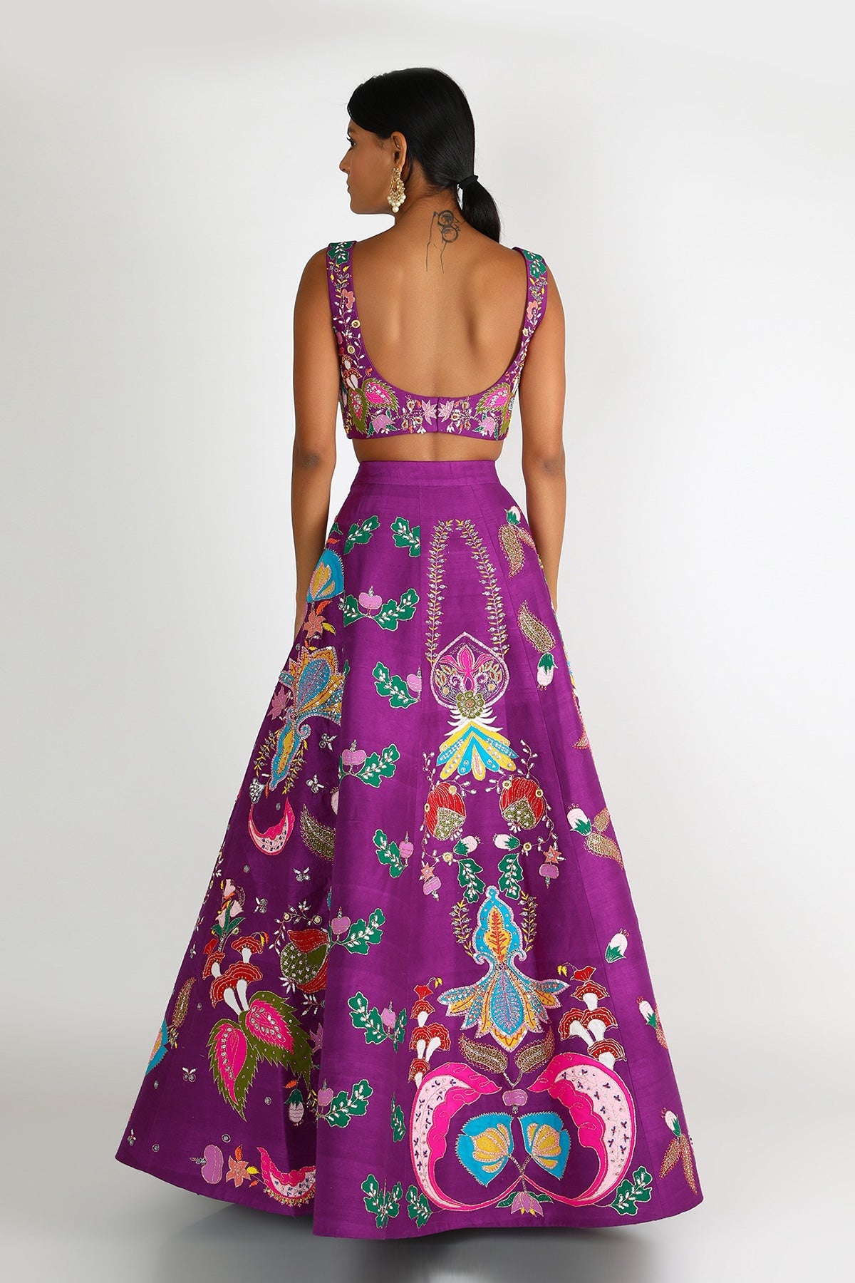 ROSHINI - Violet Nadenka Raw Silk Appliquéd And Embellished Lehenga With Blouse And Cutwork Dupatta