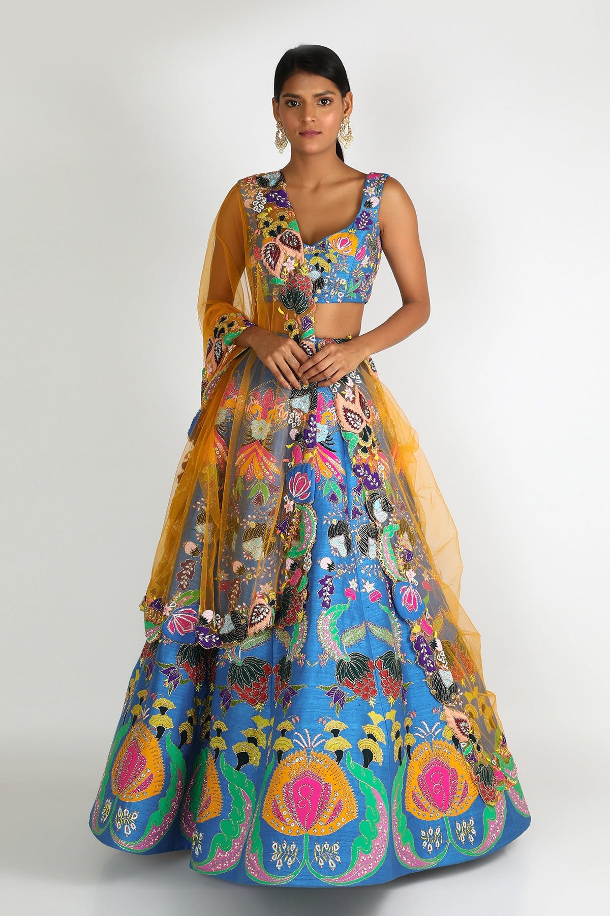 ANAYA - Cyan Blue Nadenka Raw Silk Appliquéd And Embellished Lehenga With Blouse And Cutwork Tulle Dupatta