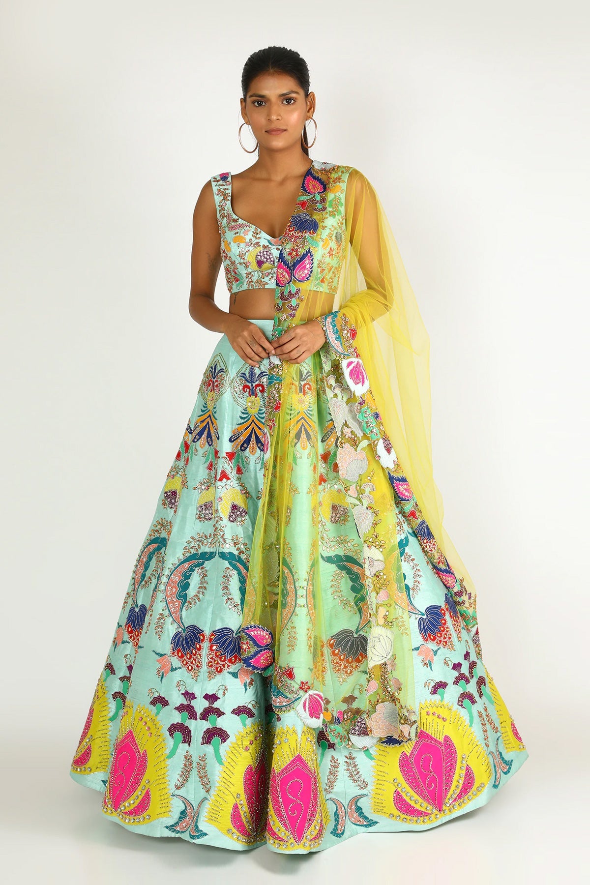 AARNA - Scuba Blue Nadenka Raw Silk Appliquéd And Embellished Lehenga With Blouse And Cutwork Tulle Dupatta