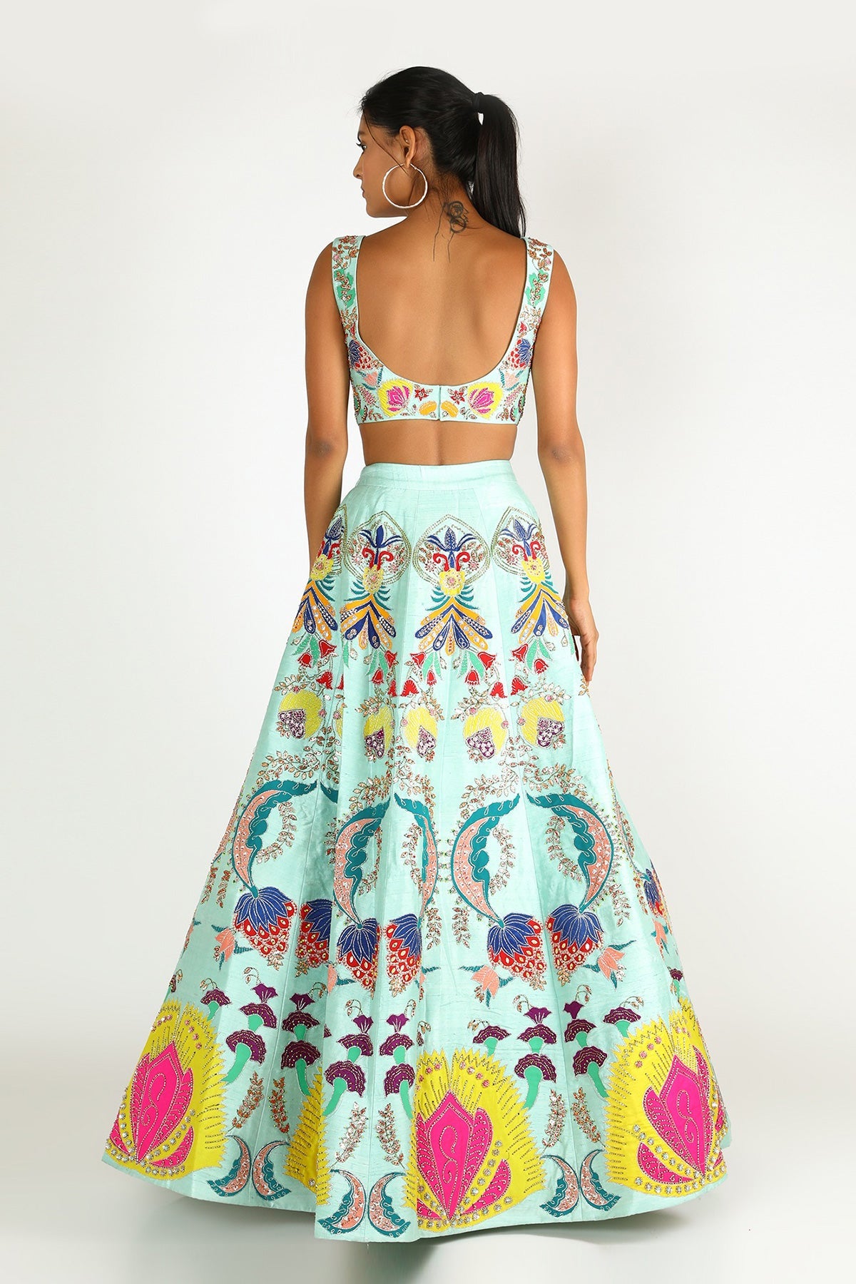 AARNA - Scuba Blue Nadenka Raw Silk Appliquéd And Embellished Lehenga With Blouse And Cutwork Tulle Dupatta