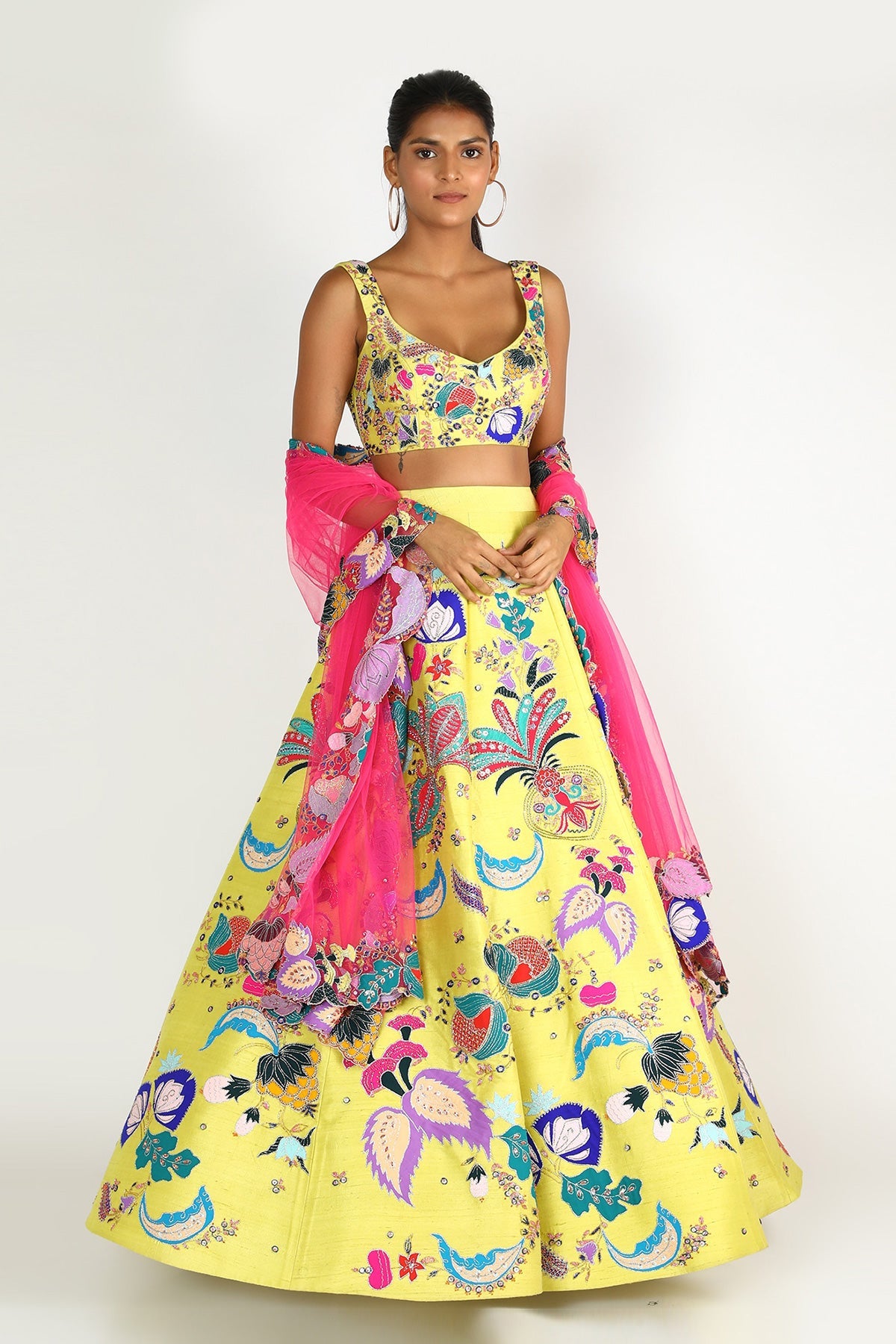 DIA - Yellow Nadenka Raw Silk Appliquéd And Embellished Lehenga With Blouse And Cutwork Tulle Dupatta