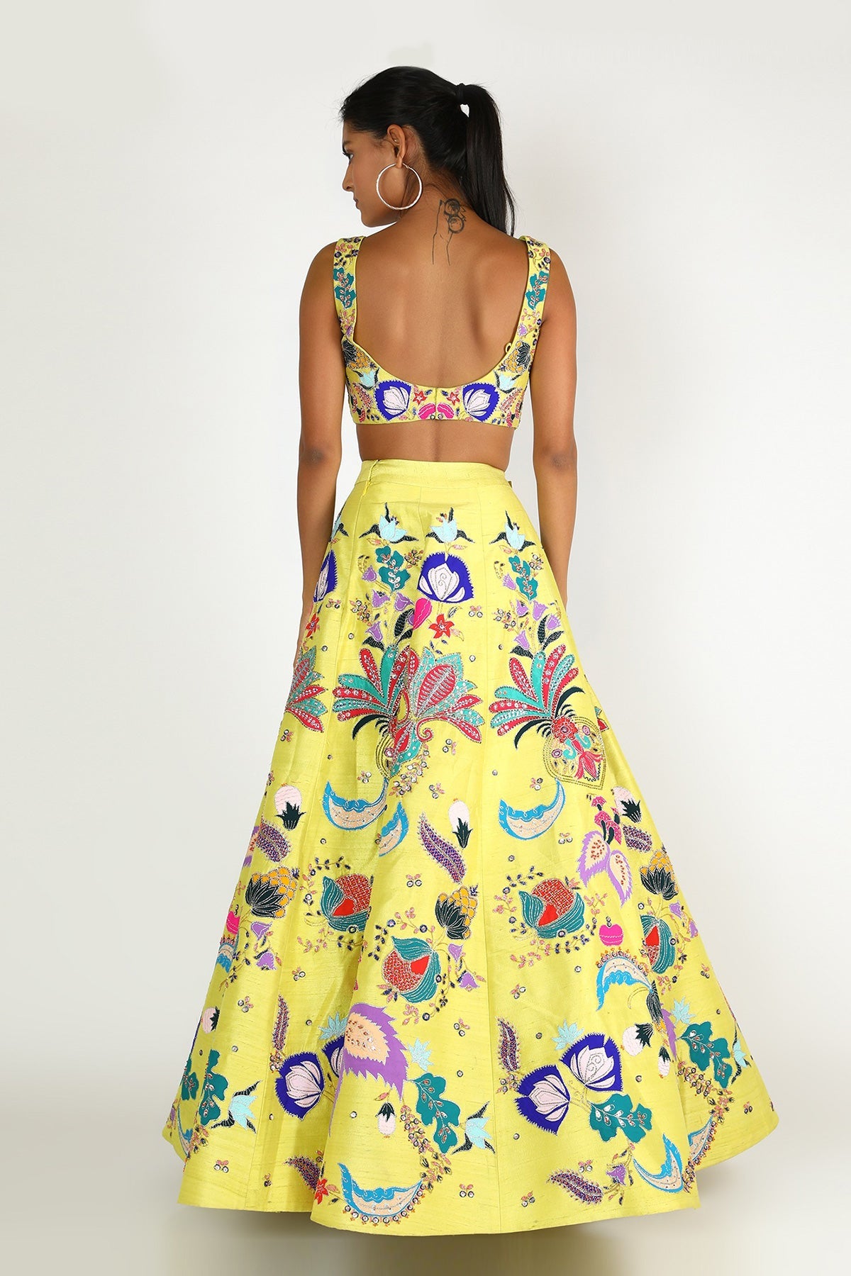 DIA - Yellow Nadenka Raw Silk Appliquéd And Embellished Lehenga With Blouse And Cutwork Tulle Dupatta