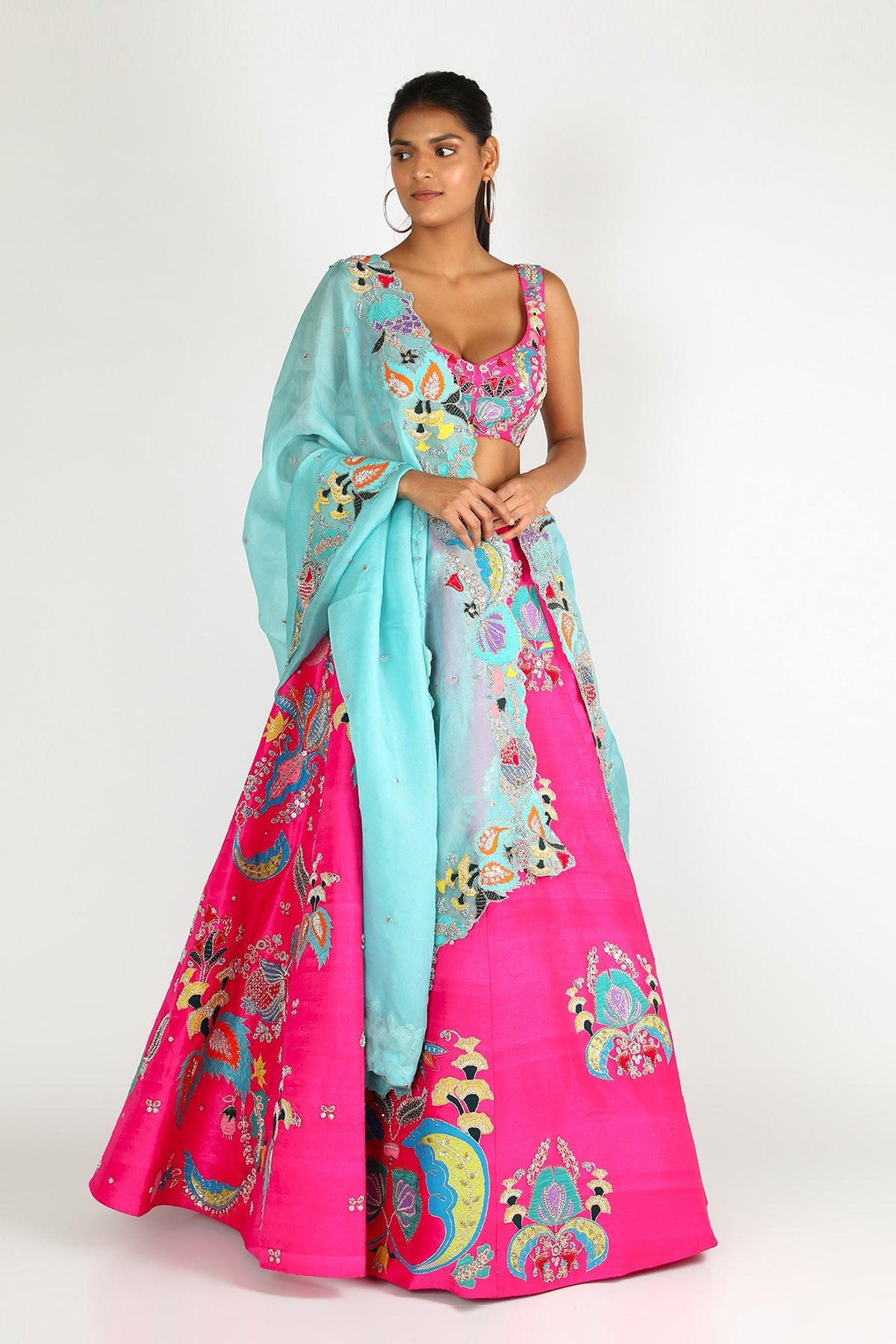 PARI - Fuschia Pink Nadenka Raw Silk Appliquéd And Embellished Lehenga With Blouse And Cutwork Tulle Dupatta