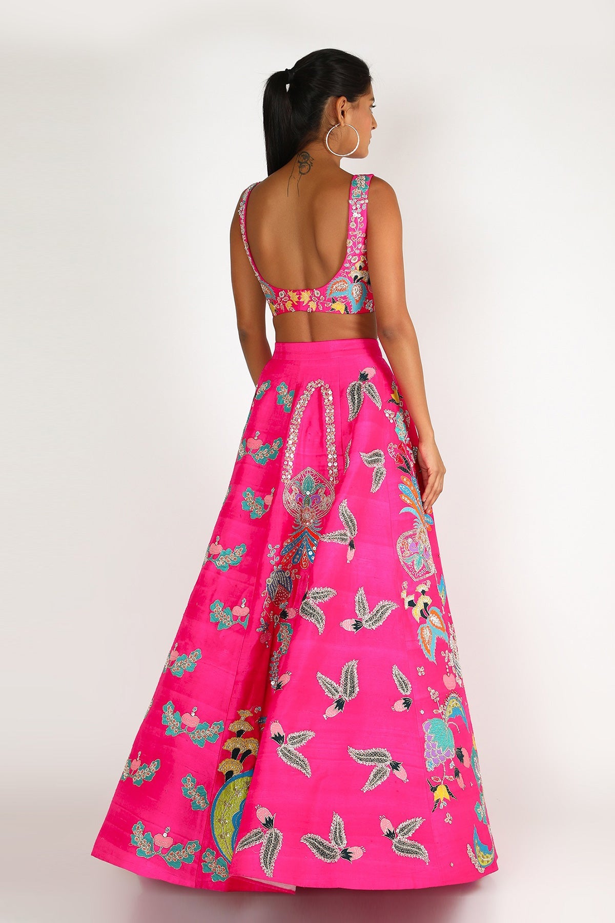 PARI - Fuschia Pink Nadenka Raw Silk Appliquéd And Embellished Lehenga With Blouse And Cutwork Tulle Dupatta