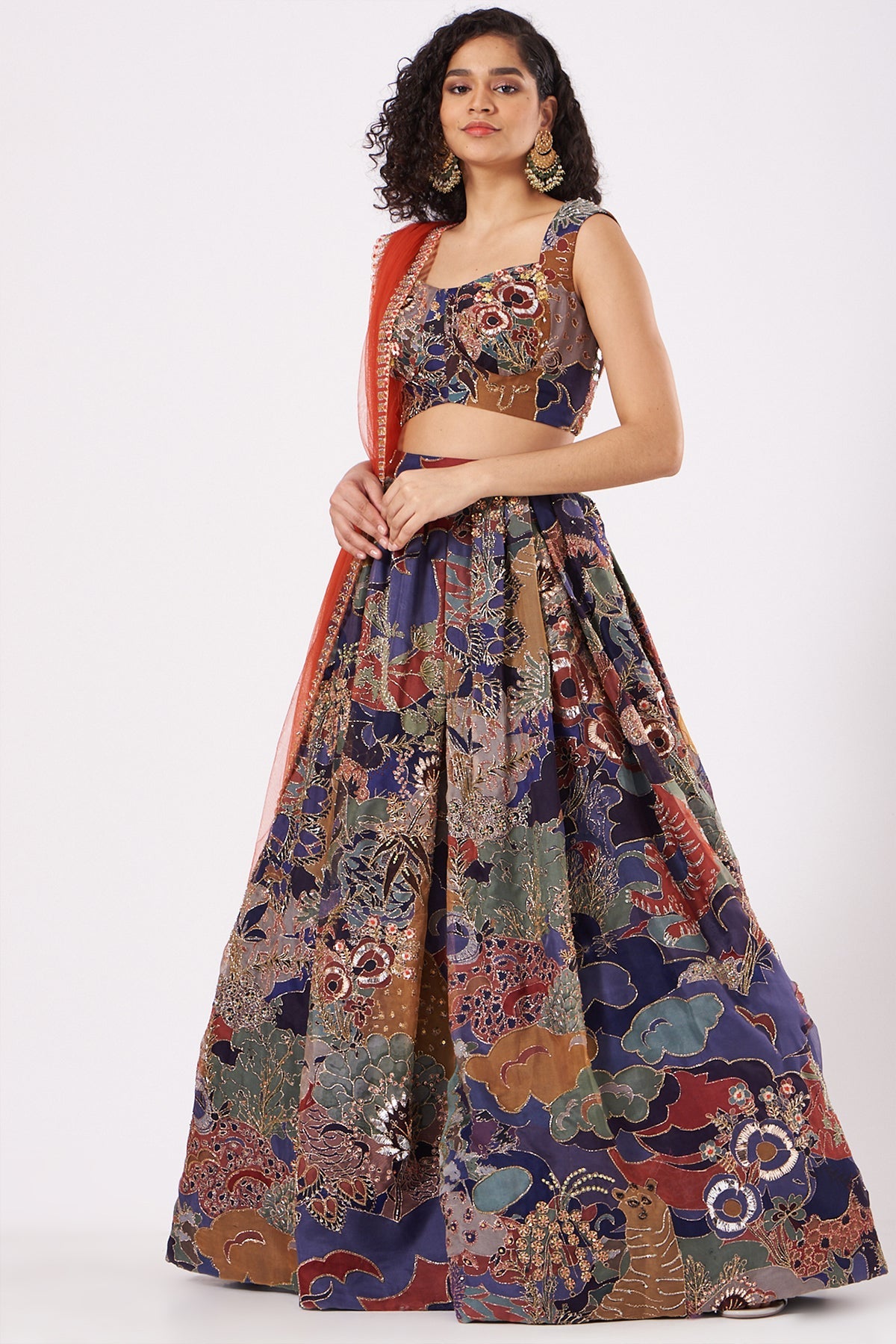 SERAPHINE - Blue Paper Dolls Organza Printed And Embellished Top And Skirt With Scallop Dupatta