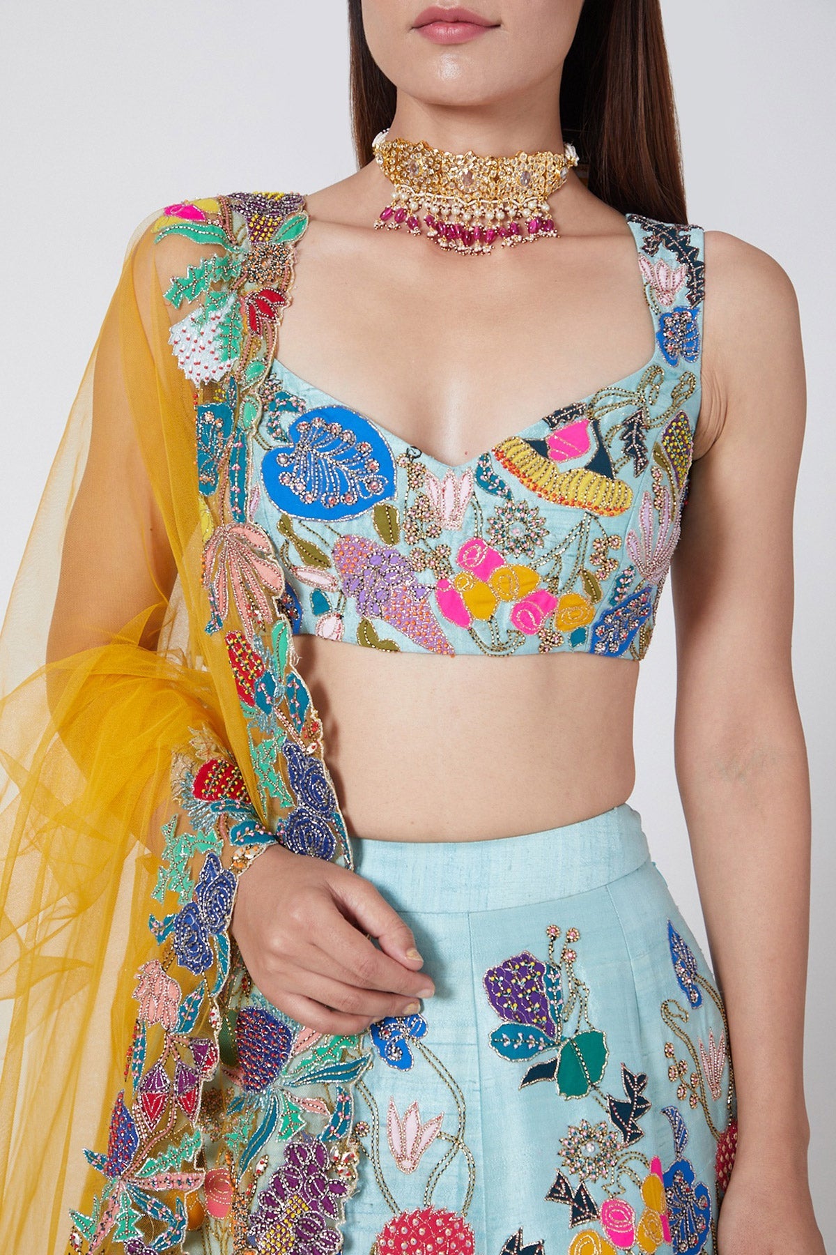 AZALEA - Avatar Blue Pastiche Raw Silk Appliquéd And Embellished Lehenga With Blouse And Cutwork Tulle Dupatta