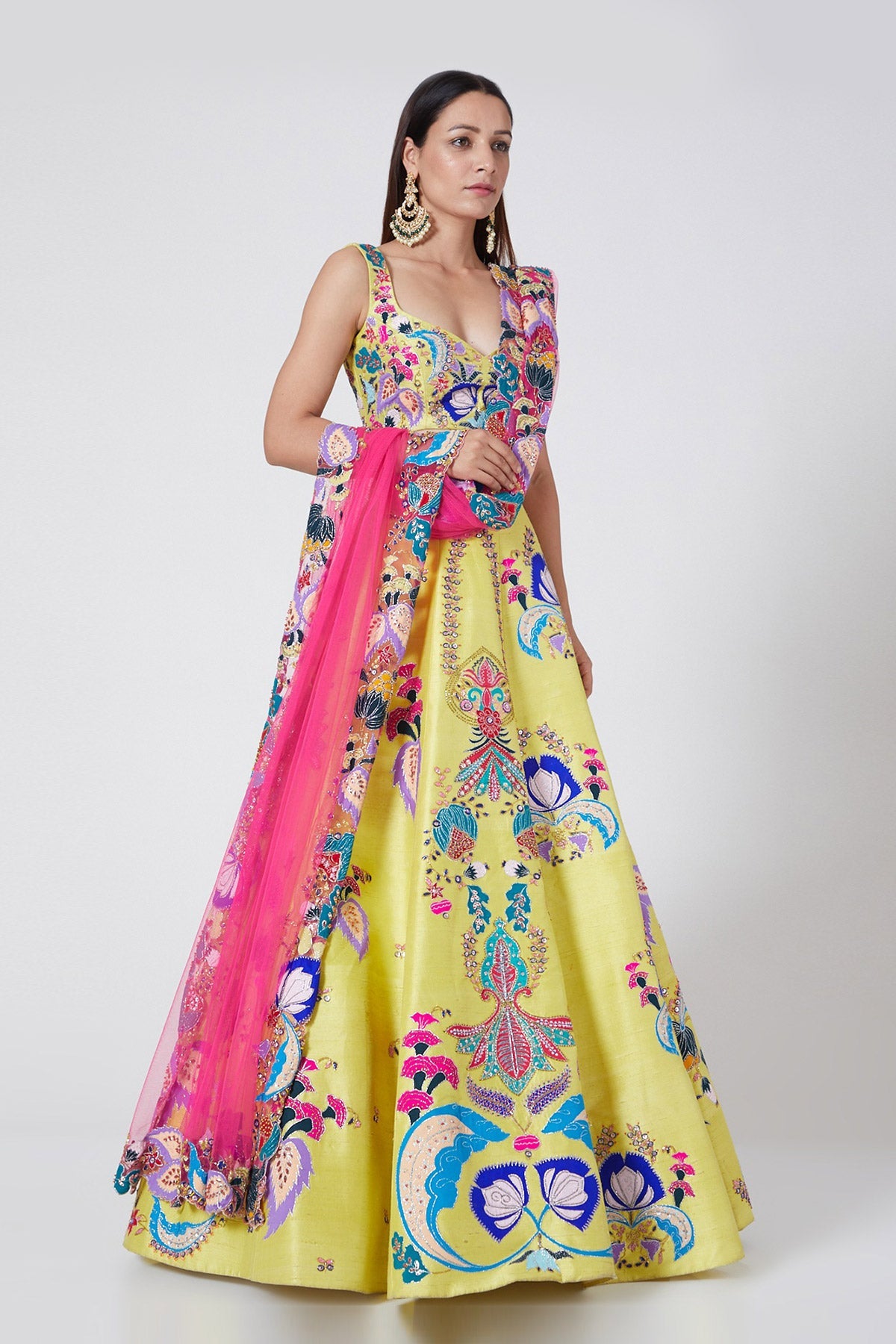 VIHA - Yellow Nadenka Raw Silk Appliquéd And Embellished Lehenga With Blouse And Cutwork Tulle Dupatta