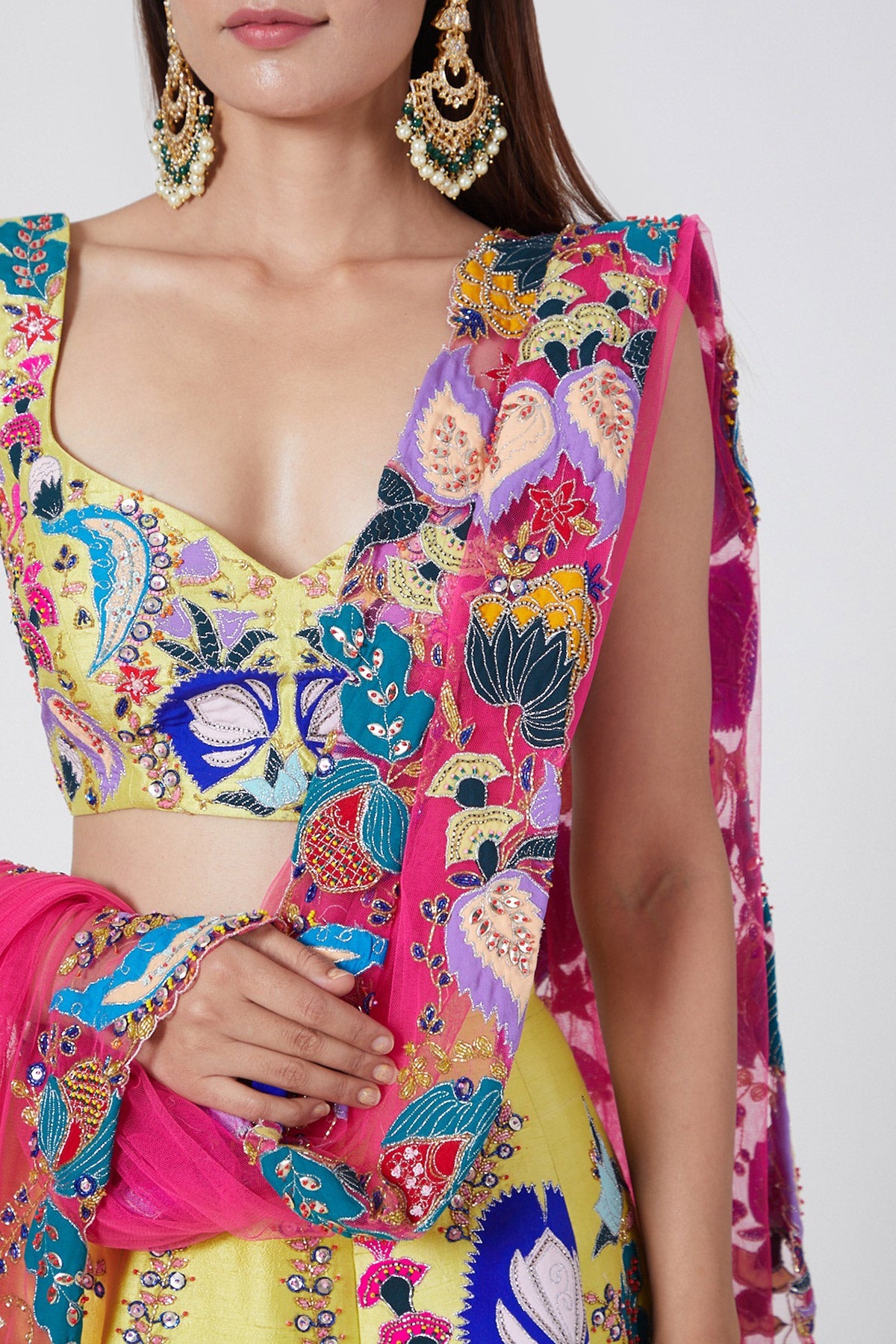 VIHA - Yellow Nadenka Raw Silk Appliquéd And Embellished Lehenga With Blouse And Cutwork Tulle Dupatta