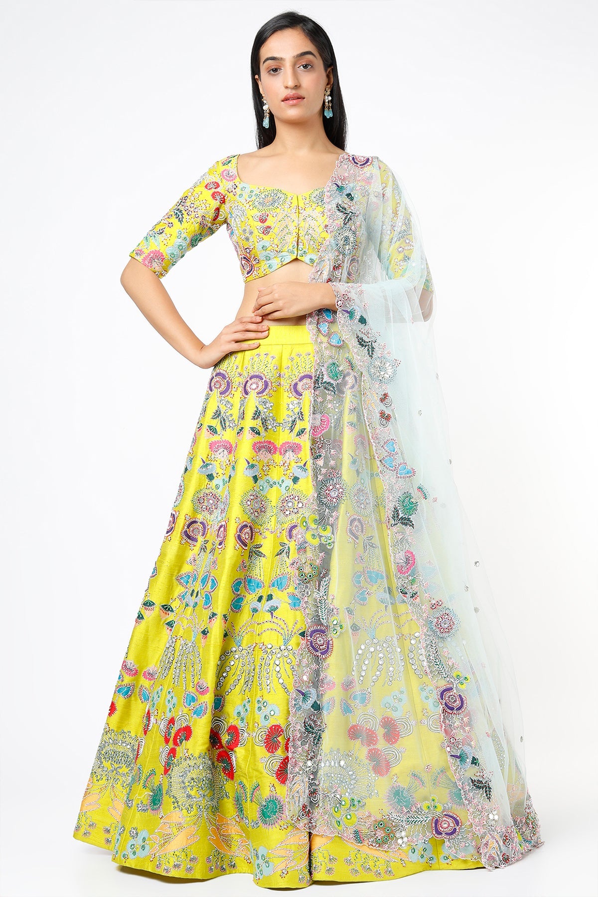 ARIA - Lime Paper Dolls Raw Silk Appliquéd And Embellished Lehenga With Blouse And Cutwork Dupatta