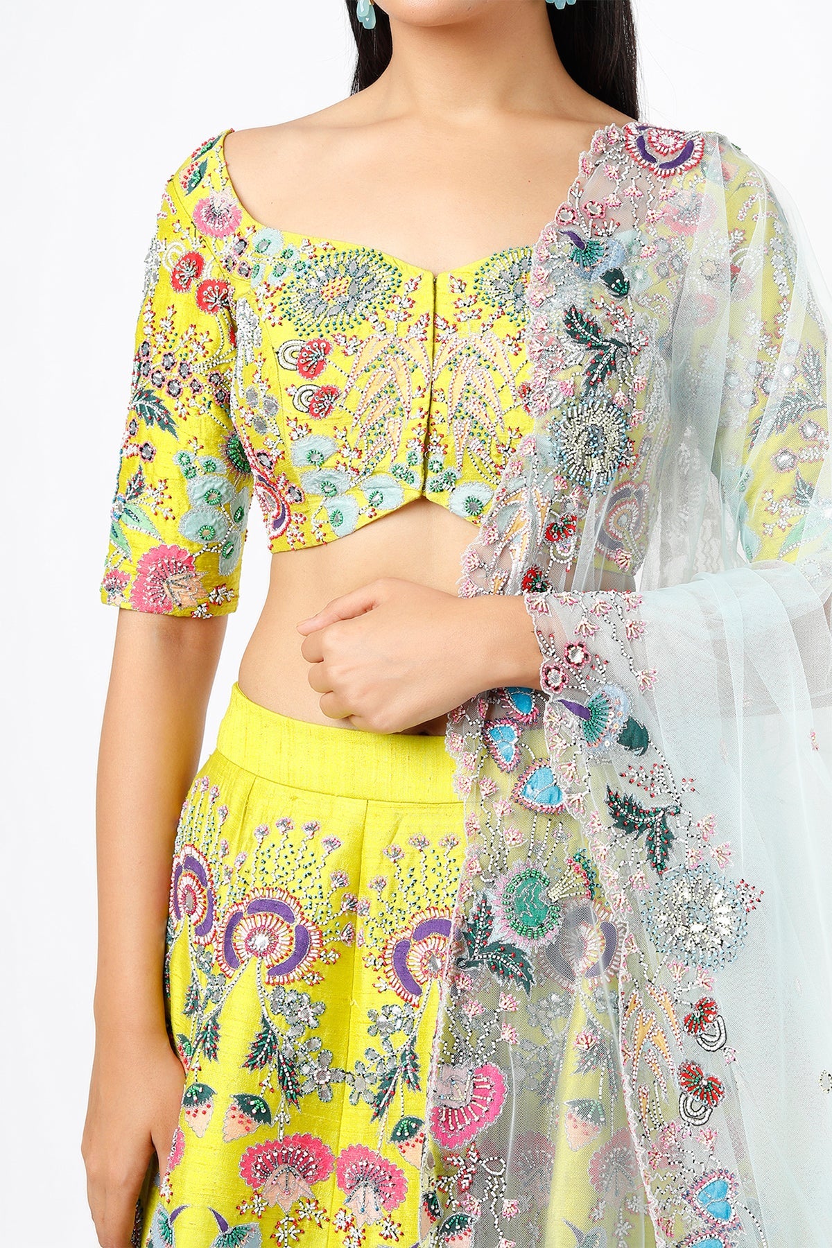 ARIA - Lime Paper Dolls Raw Silk Appliquéd And Embellished Lehenga With Blouse And Cutwork Dupatta