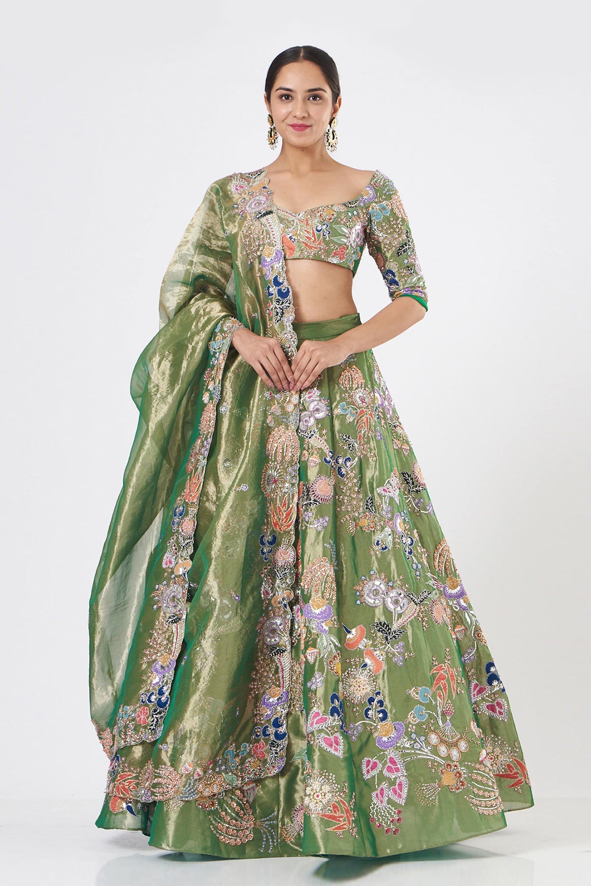 OPHELIA - Green Paper Dolls Tissue Appliquéd And Embellished Lehenga With Blouse And Cutwork Tissue Dupatta