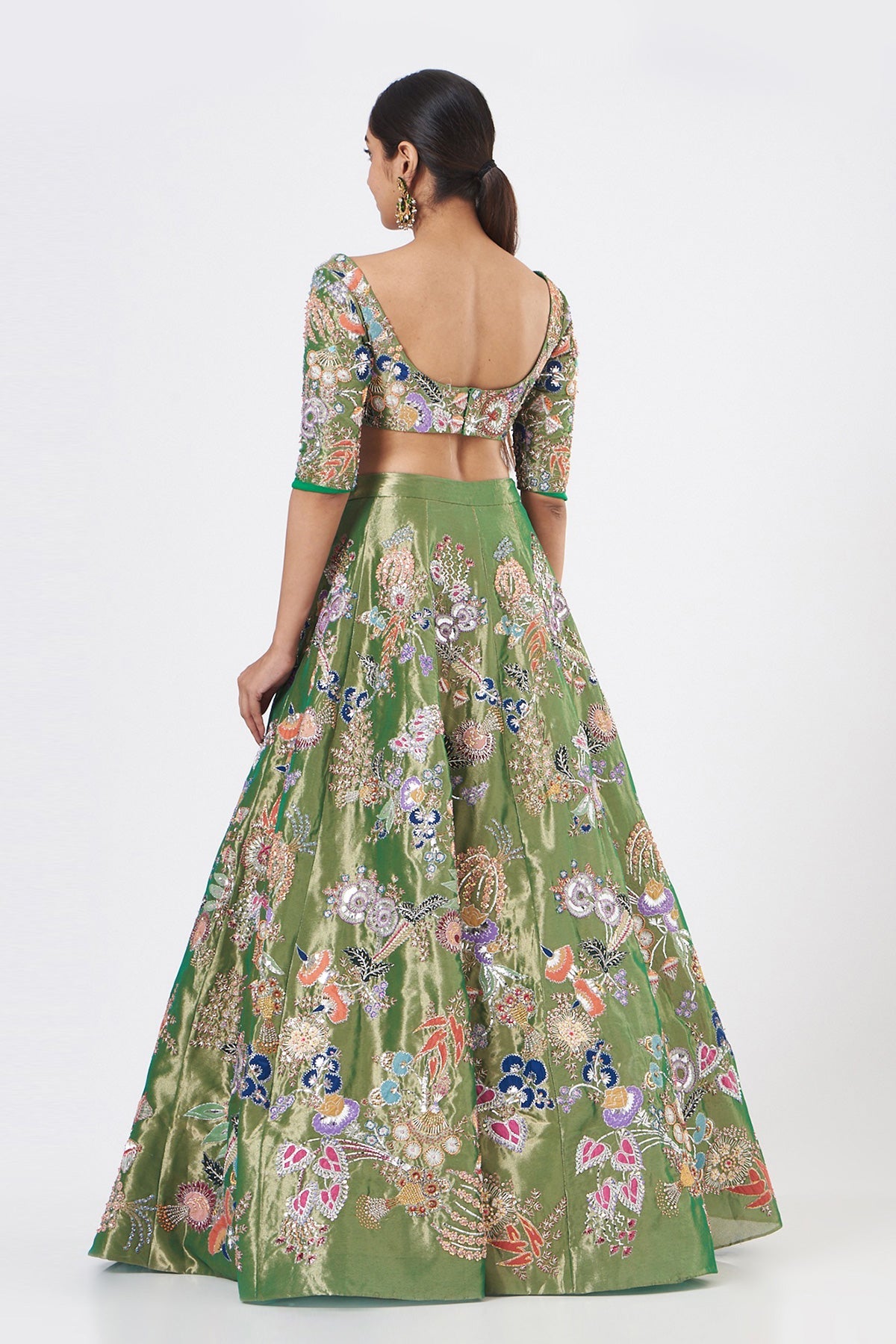 OPHELIA - Green Paper Dolls Tissue Appliquéd And Embellished Lehenga With Blouse And Cutwork Tissue Dupatta