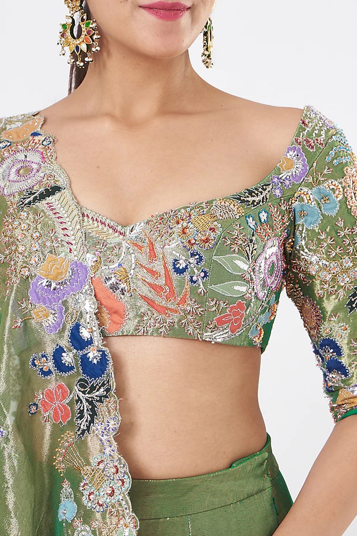 OPHELIA - Green Paper Dolls Tissue Appliquéd And Embellished Lehenga With Blouse And Cutwork Tissue Dupatta