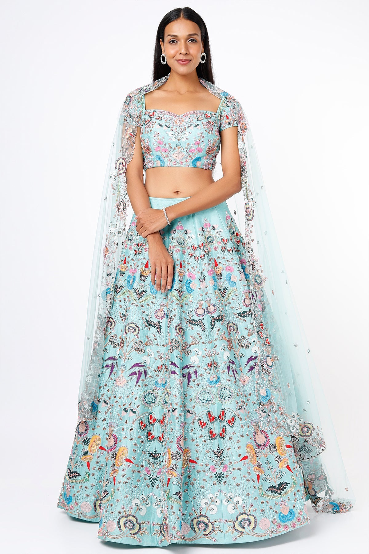 MARLAIS - Scuba Blue Paper Dolls Raw Silk Appliquéd And Embellished Lehenga With Blouse And Cutwork Dupatta