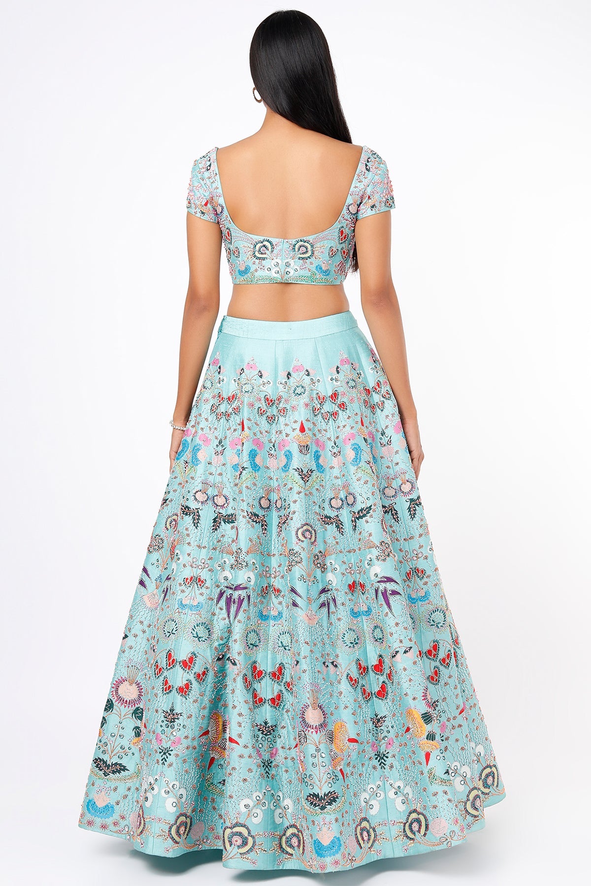 MARLAIS - Scuba Blue Paper Dolls Raw Silk Appliquéd And Embellished Lehenga With Blouse And Cutwork Dupatta