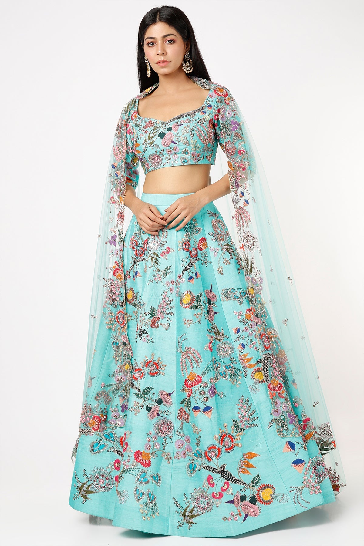 AZURA - Avatar Blue Paper Dolls Raw Silk Appliquéd And Embellished Lehenga With Blouse And Cutwork Dupatta