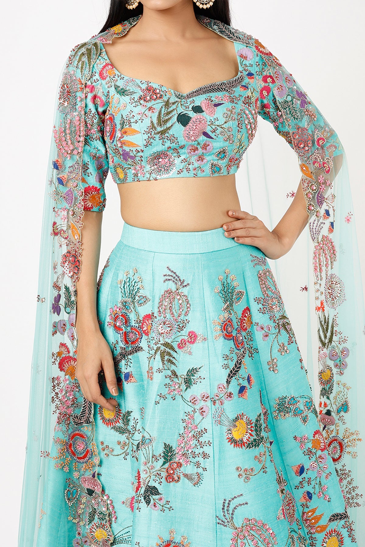 AZURA - Avatar Blue Paper Dolls Raw Silk Appliquéd And Embellished Lehenga With Blouse And Cutwork Dupatta
