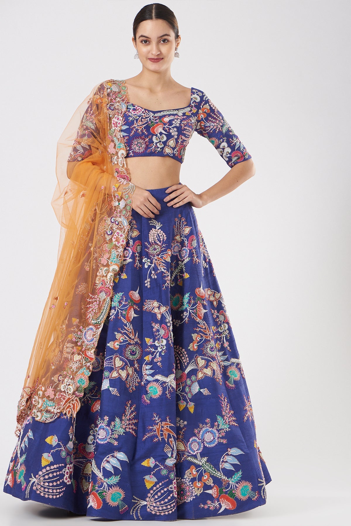 LAPIS - Electric Blue Paper Dolls Raw Silk Appliquéd And Embellished Lehenga With Blouse And Cutwork Tulle Dupatta
