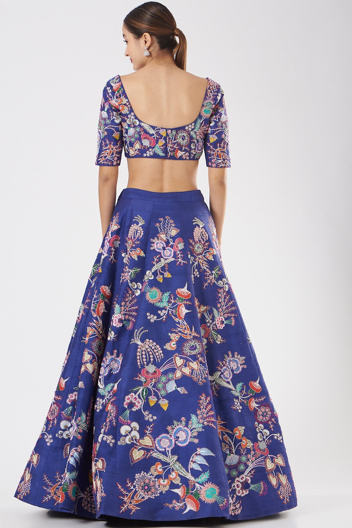LAPIS - Electric Blue Paper Dolls Raw Silk Appliquéd And Embellished Lehenga With Blouse And Cutwork Tulle Dupatta