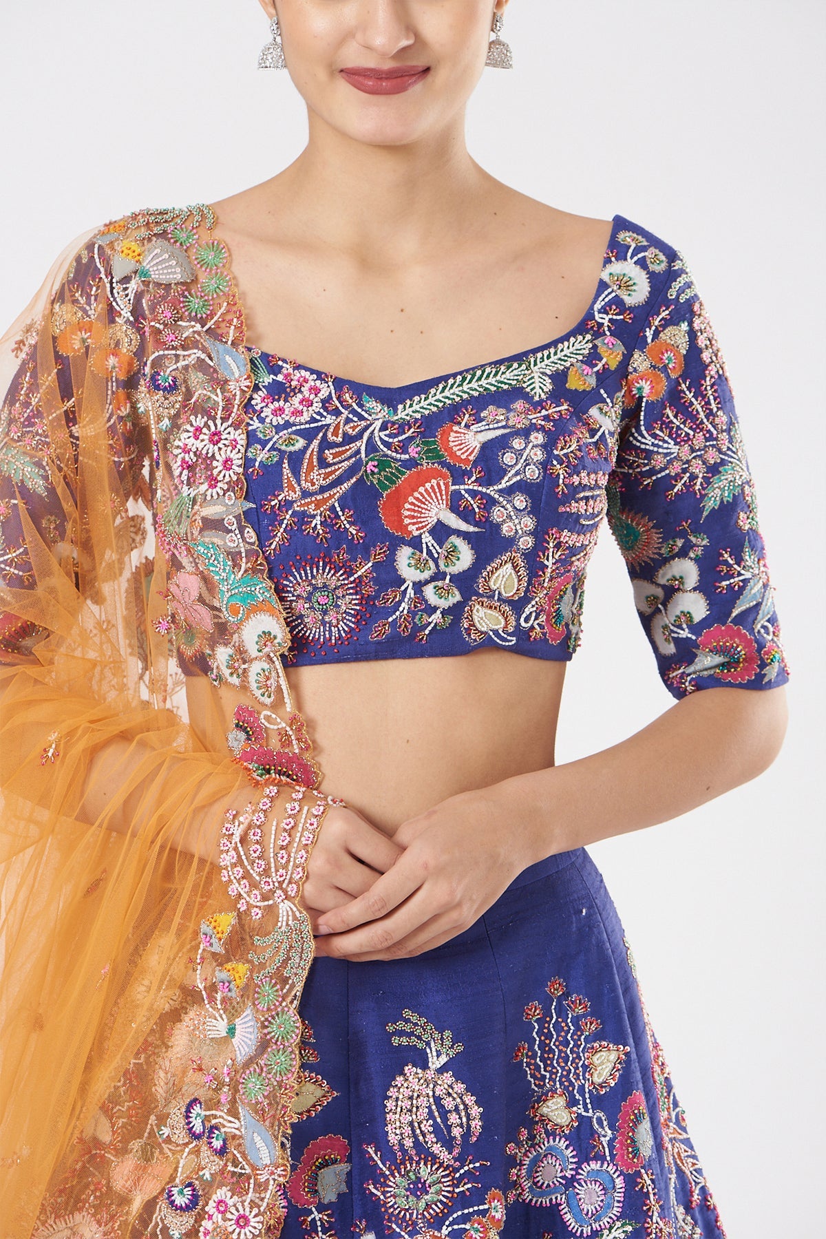 LAPIS - Electric Blue Paper Dolls Raw Silk Appliquéd And Embellished Lehenga With Blouse And Cutwork Tulle Dupatta