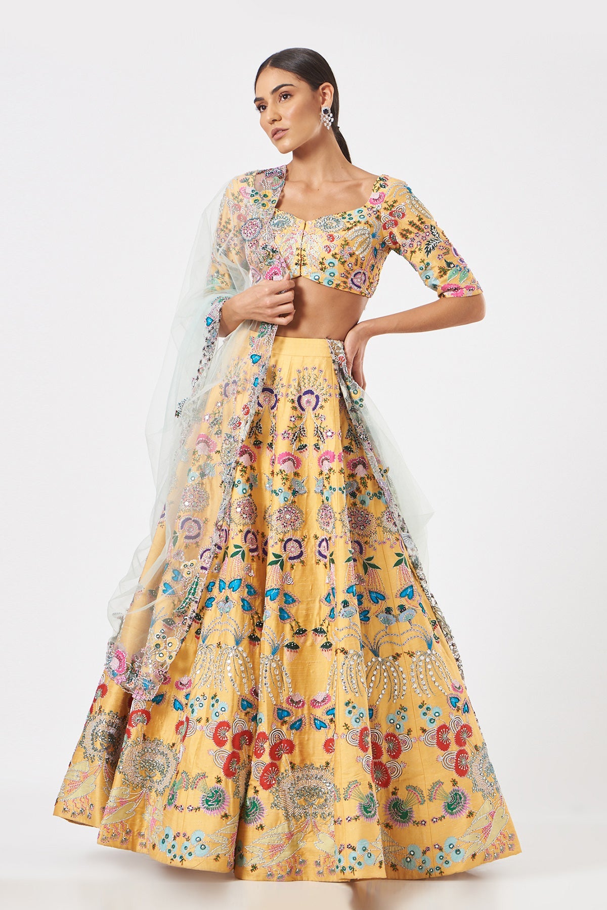 AURELIA - Yellow Paper Dolls Raw Silk Appliquéd And Embellished Lehenga With Blouse And Cutwork Dupatta