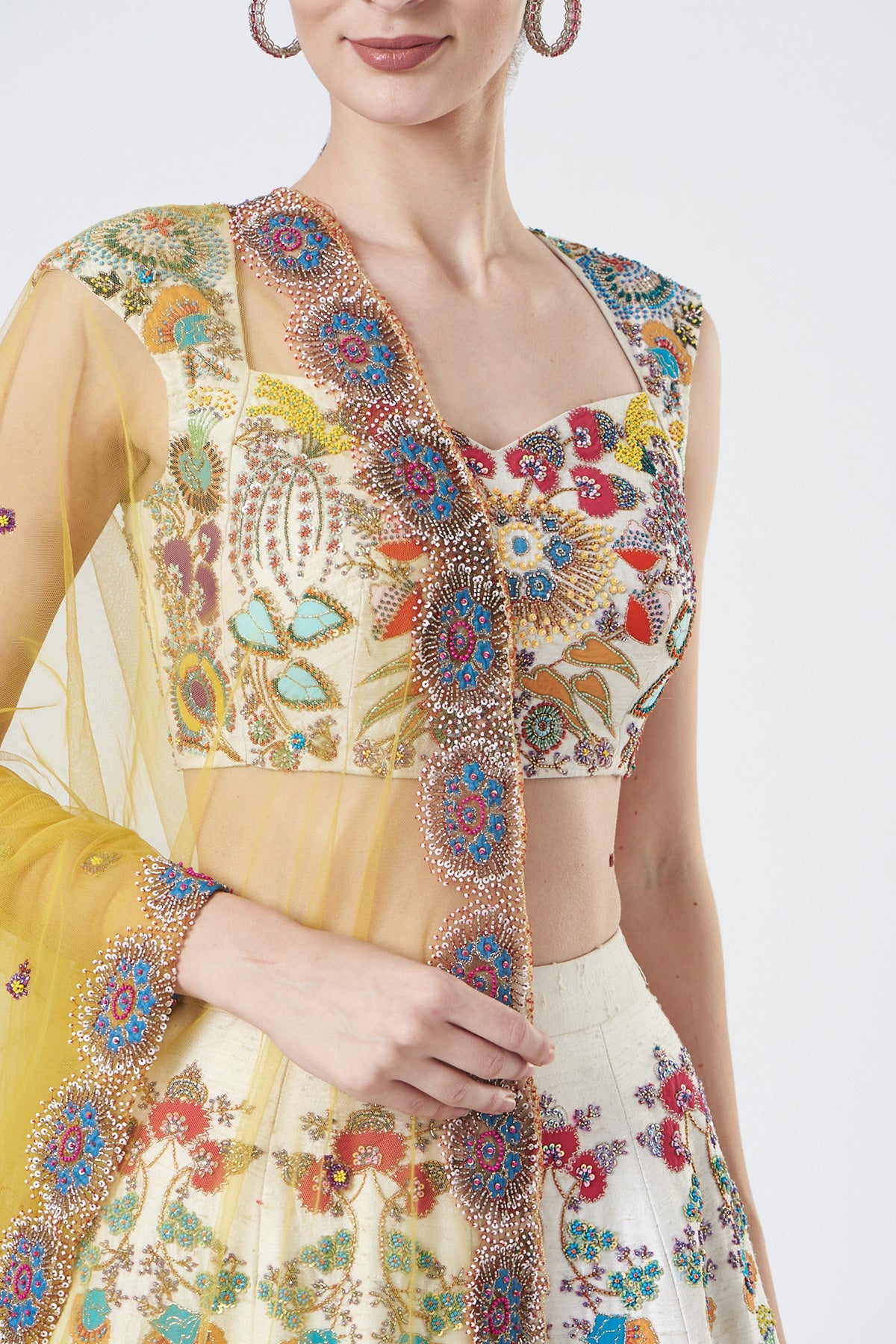 BIANCA - Ivory Paper Dolls Raw Silk Appliquéd And Embellished Lehenga With Blouse And Cutwork Tulle Dupatta