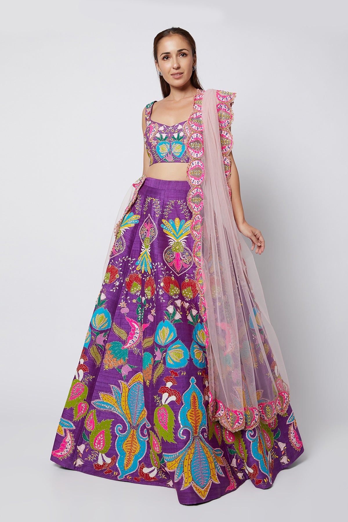 CALISTA - Violet Nadenka Raw Silk Appliquéd And Embellished Lehenga With Blouse And Cutwork Tulle Dupatta
