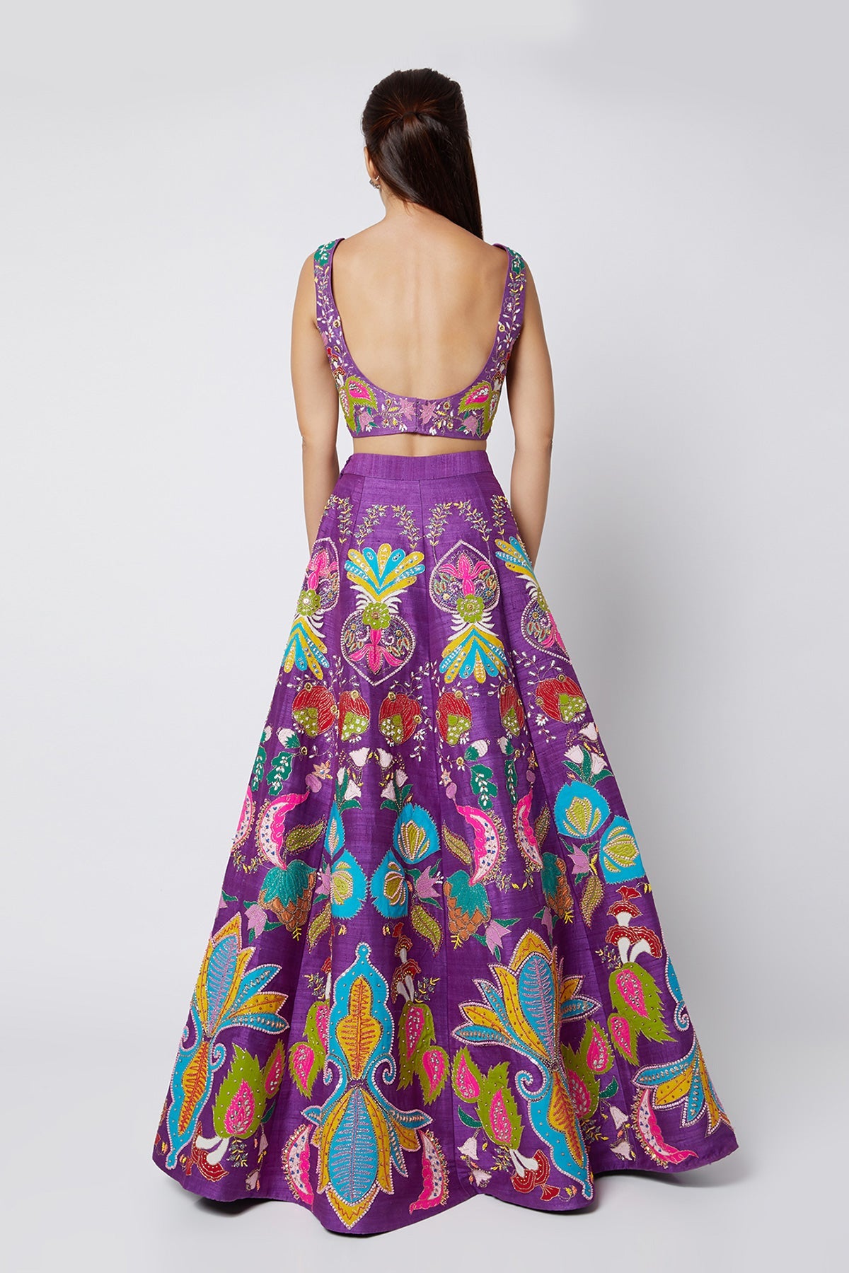 CALISTA - Violet Nadenka Raw Silk Appliquéd And Embellished Lehenga With Blouse And Cutwork Tulle Dupatta