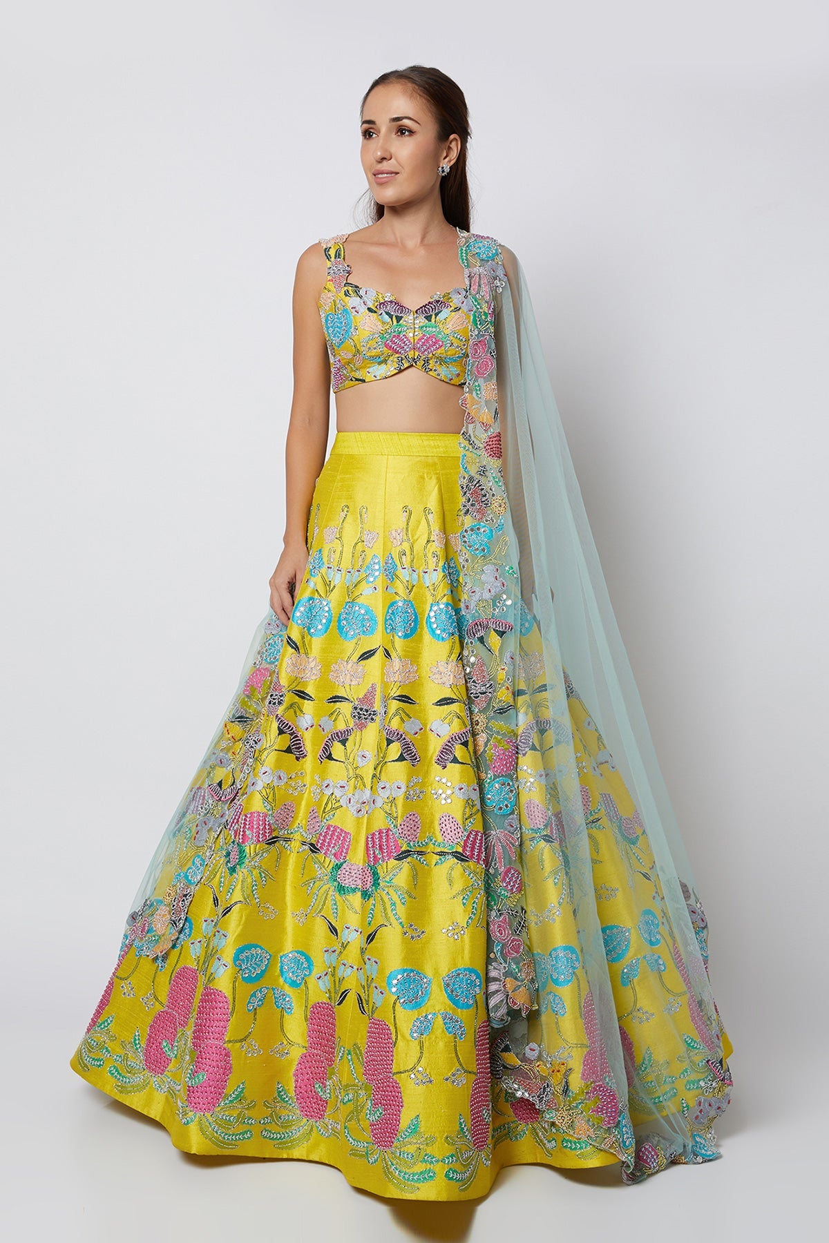 GOLDENROD - Yellow Pastiche Raw Silk Appliquéd And Embellished Lehenga With Blouse And Cutwork Tulle Dupatta