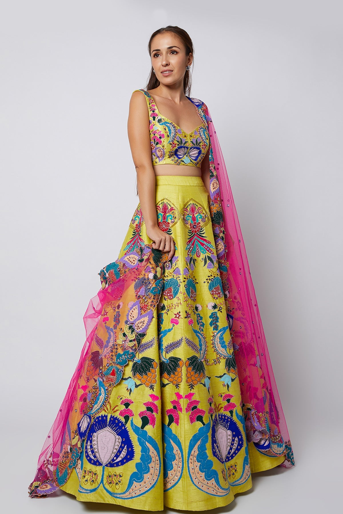 ARUNI - Yellow Nadenka Raw Silk Appliquéd And Embellished Lehenga With Blouse And Cutwork Tulle Dupatta