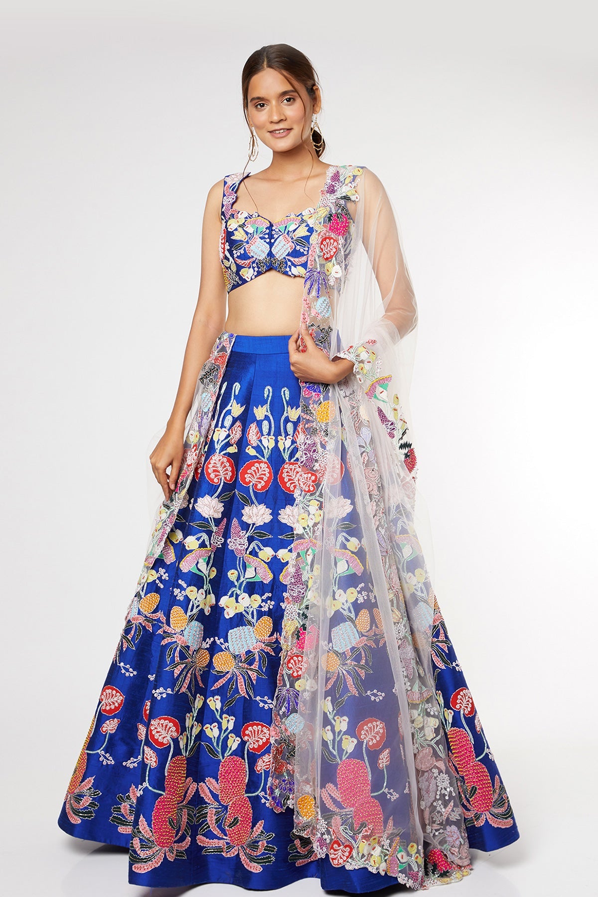 BLUEBONNET - Electric Blue Pastiche Raw Silk Appliquéd And Embellished Lehenga With Blouse And Cutwork Tulle Dupatta