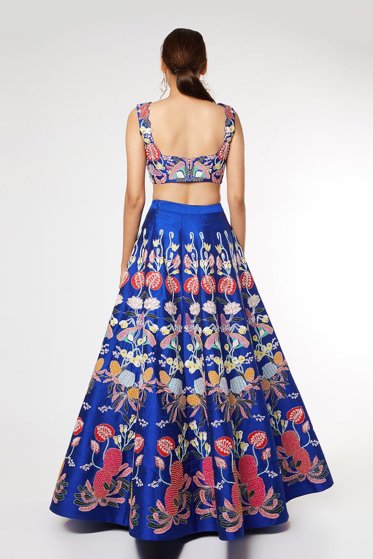 BLUEBONNET - Electric Blue Pastiche Raw Silk Appliquéd And Embellished Lehenga With Blouse And Cutwork Tulle Dupatta